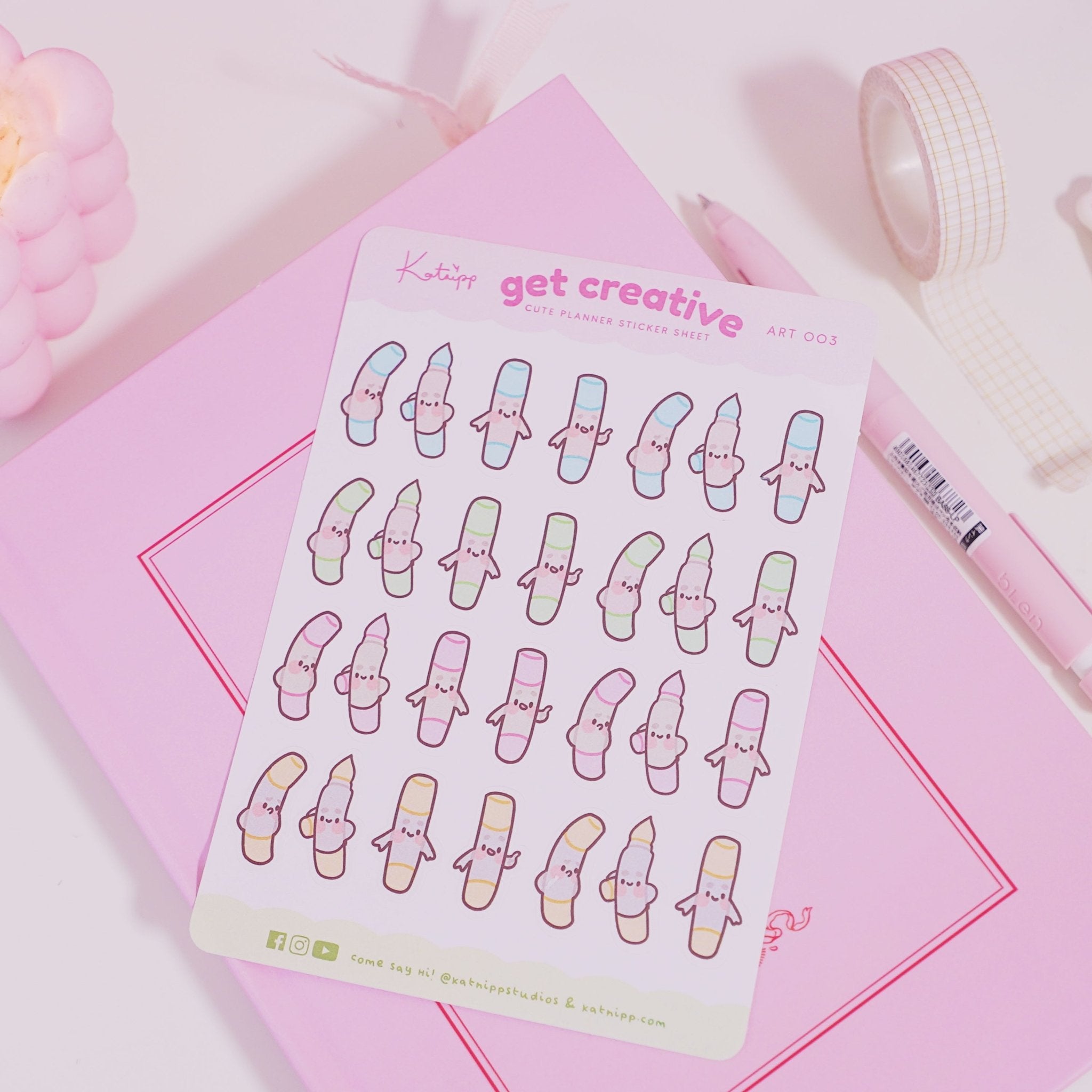 Artist Marker Pen Sticker Sheet | A6 Kawaii Pastel Art Stickers | ART 003 Katnipp character product