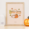 Autumn Leaves & Coffee Please Kawaii Art Print | Cozy Fall Wall Decor | Pumpkin Artwork - Katnipp Studios