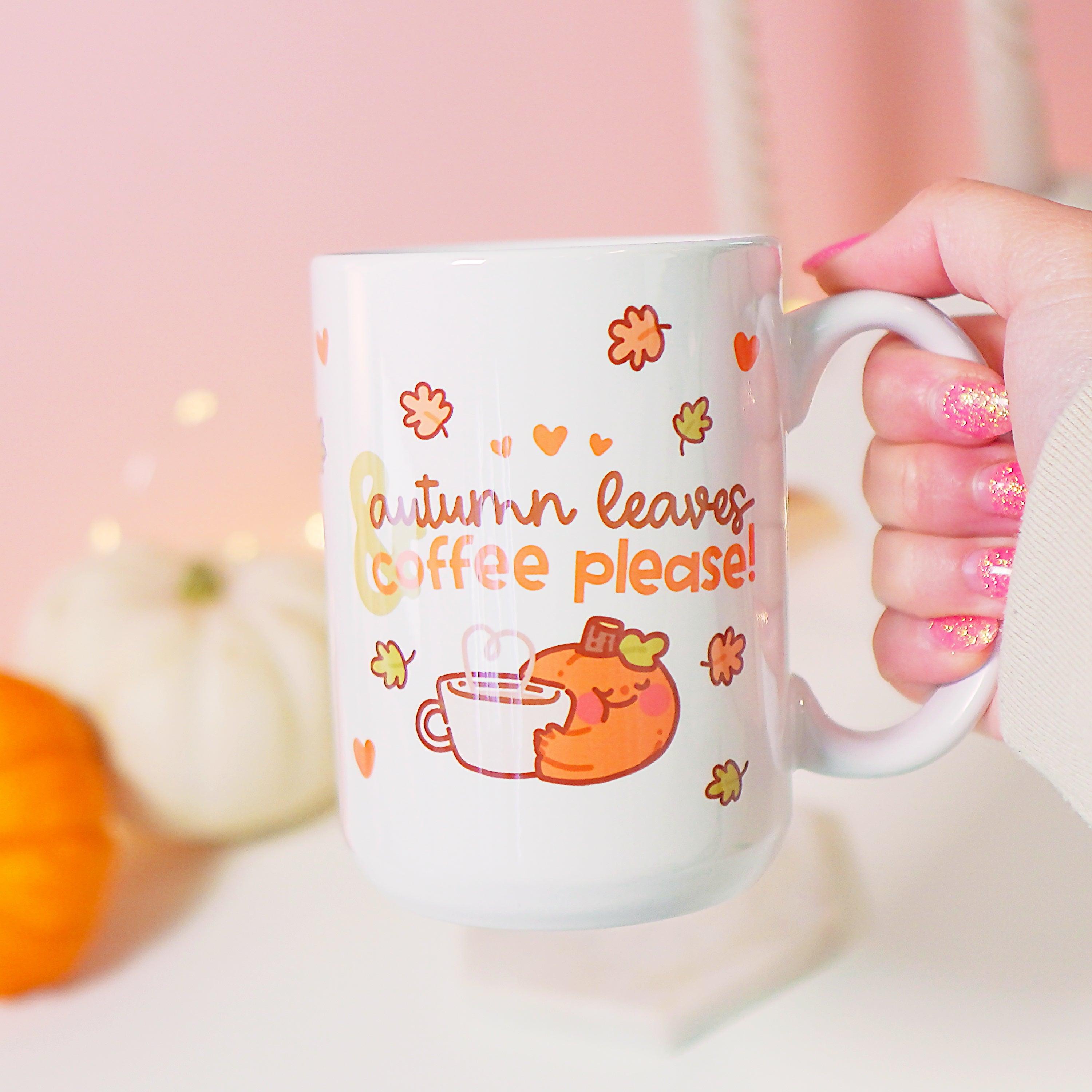 Autumn Leaves and Coffee Please Mug | Kawaii Pumpkin Design | Cozy Fall Coffee Mug, Seasonal Drinkware - Katnipp Studios