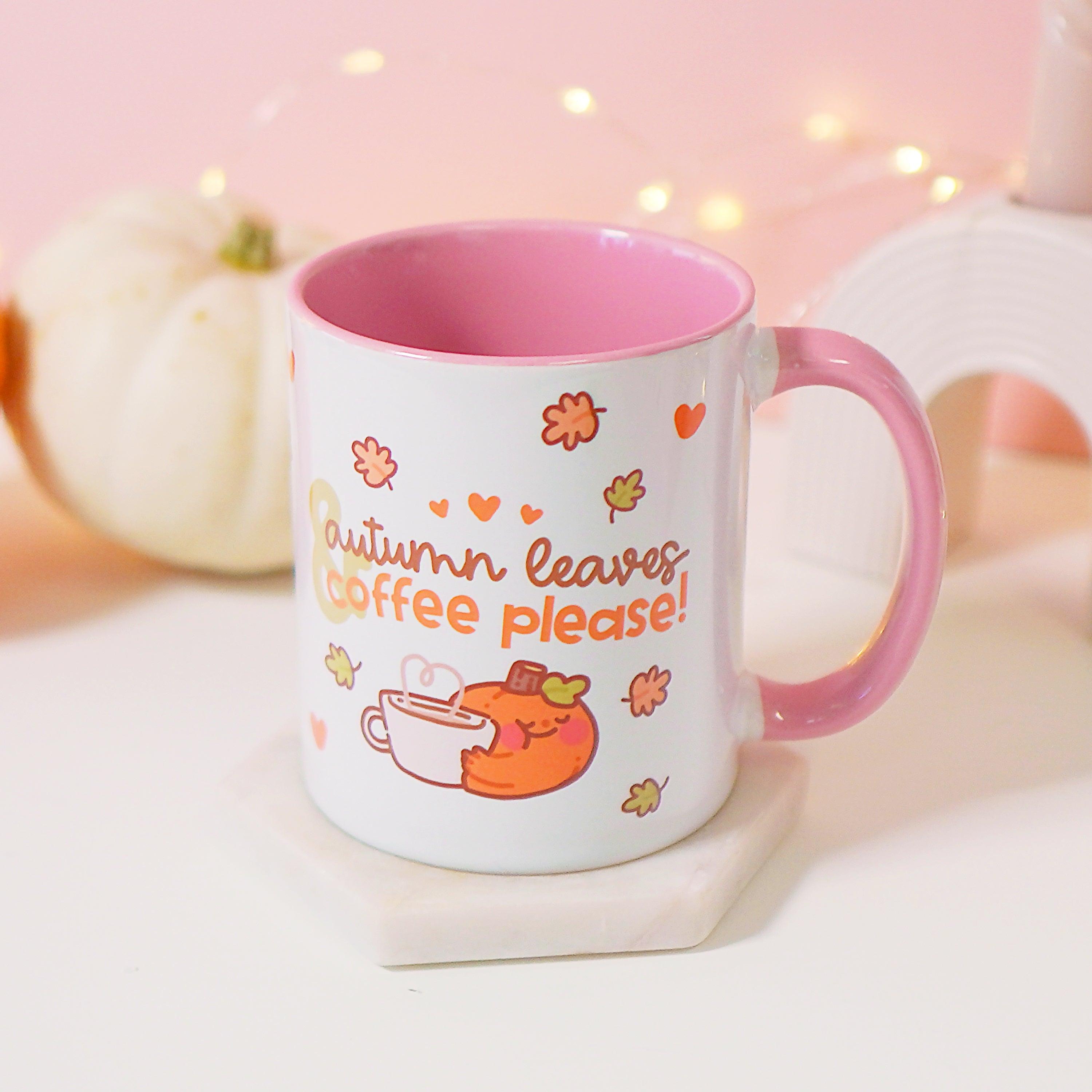 Autumn Leaves and Coffee Please Mug | Kawaii Pumpkin Design | Cozy Fall Coffee Mug, Seasonal Drinkware - Katnipp Studios