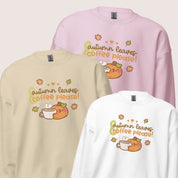 Autumn Leaves & Coffee Please Kawaii Sweatshirt | Cozy Fall Jumper | Cute Seasonal Aesthetic Sweater Katnipp character product