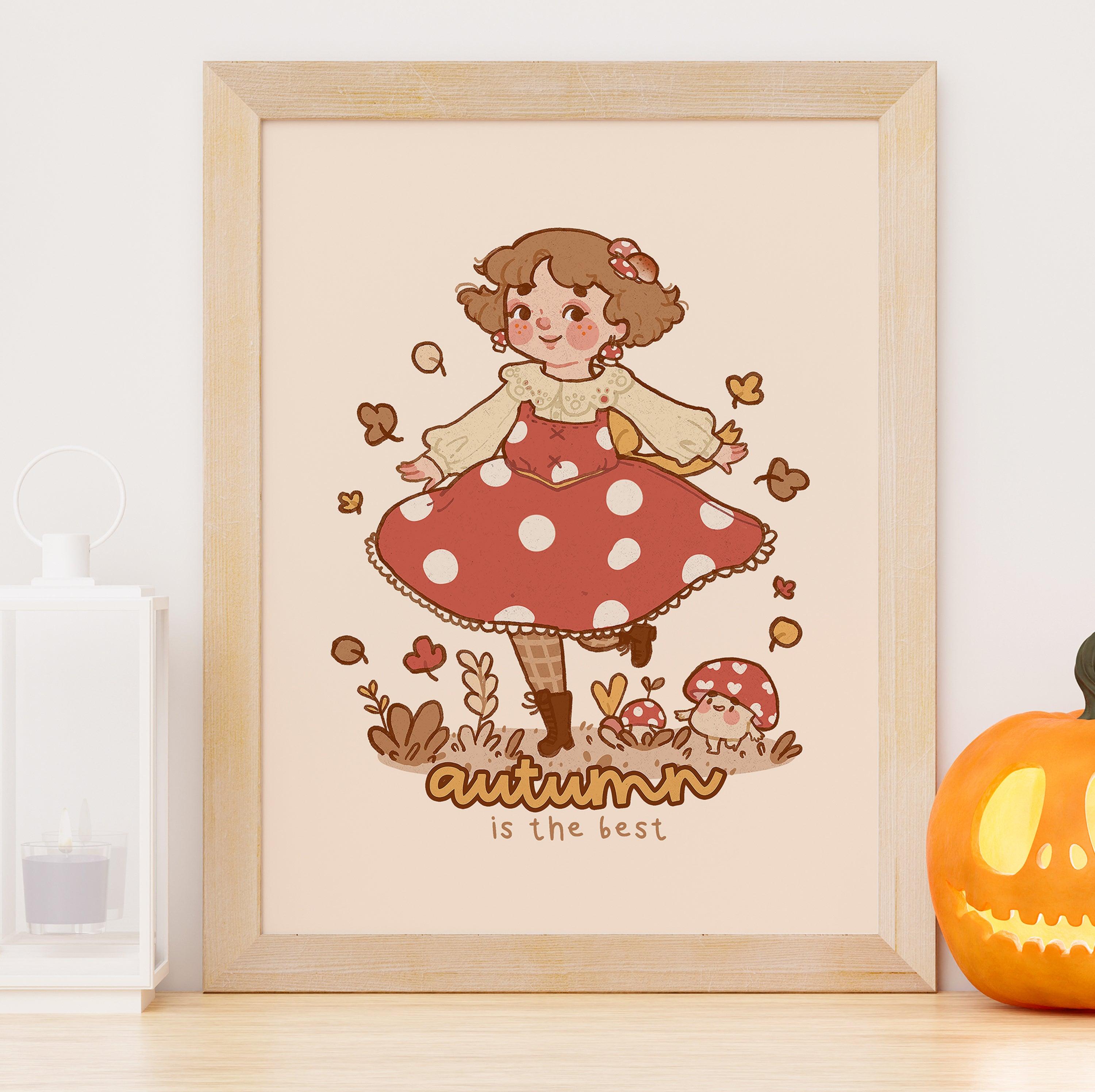 Autumn Shroomie Art Print | Whimsical Fall Wall Decor | Cute Mushroom Illustration - Katnipp Studios