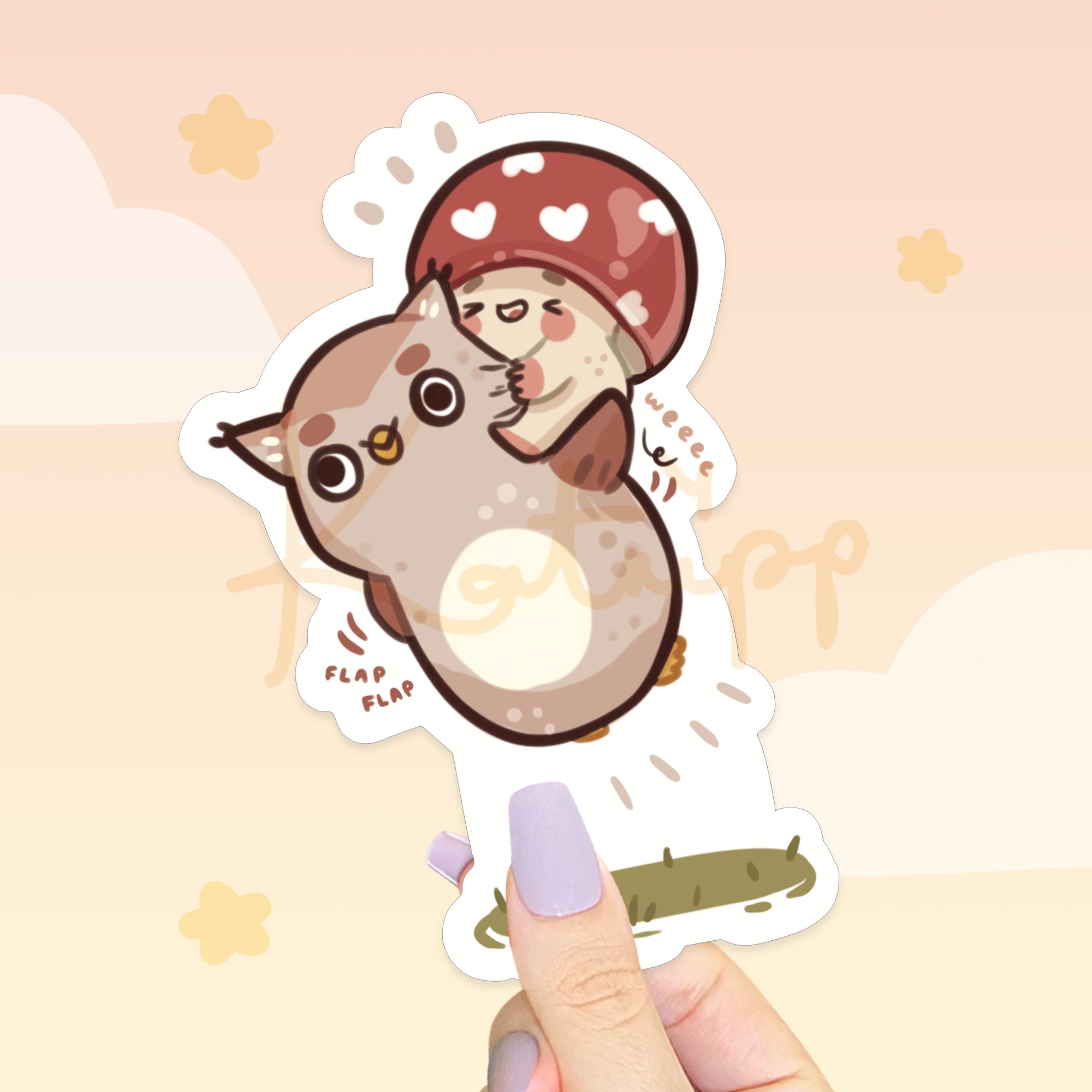 Autumnal Shroomie & Twixx Flying Die-Cut Sticker | Kawaii Mushroom Illustration | ST002 - Katnipp Studios