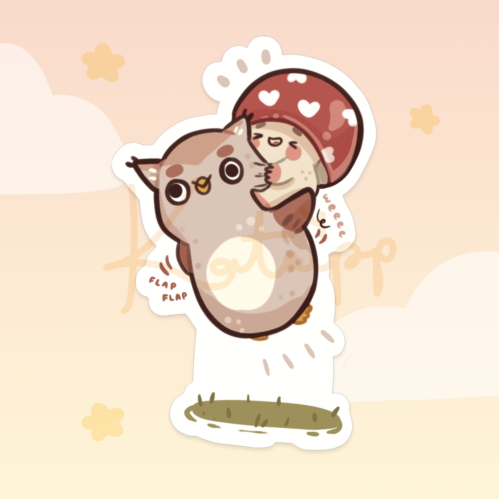 Autumnal Shroomie & Twixx Flying Die-Cut Sticker | Kawaii Mushroom Illustration | ST002 - Katnipp Studios