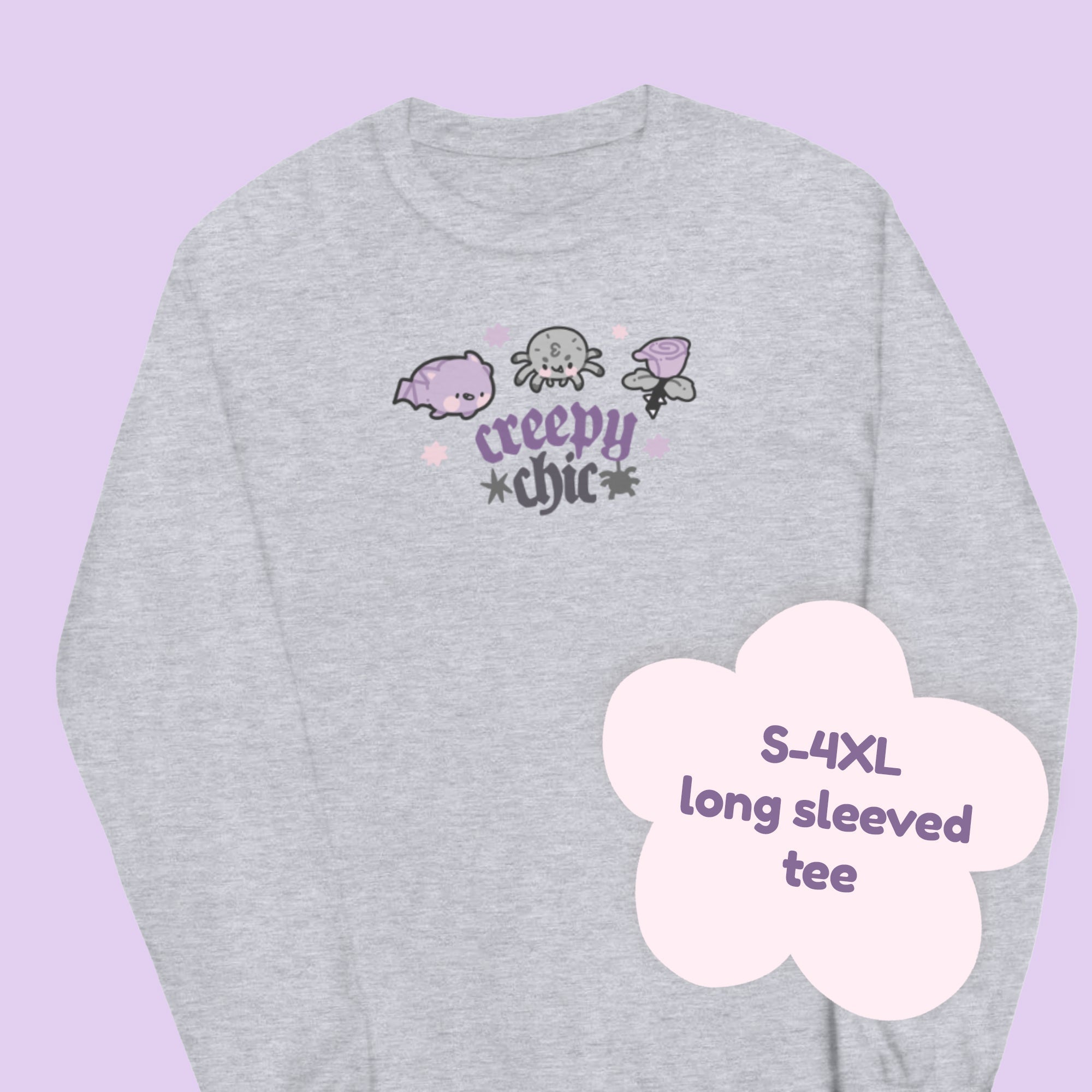 Bartholomew the Bat & Fluffy the Spider Long Sleeve T-Shirt | Creepy Chic Quote | Gothic Purple Rose Halloween Apparel Katnipp character product