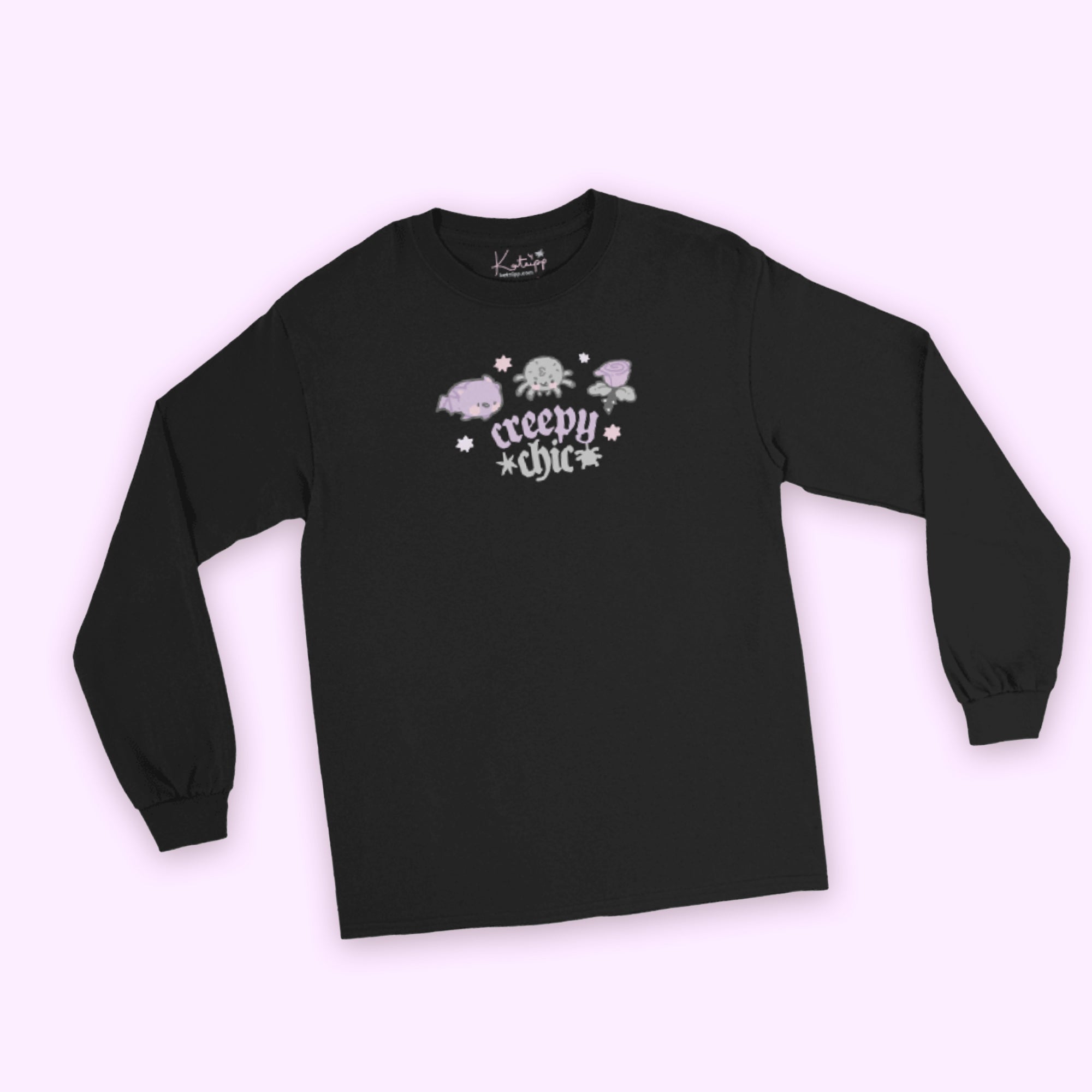 Bartholomew the Bat & Fluffy the Spider Long Sleeve T-Shirt | Creepy Chic Quote | Gothic Purple Rose Halloween Apparel Katnipp character product