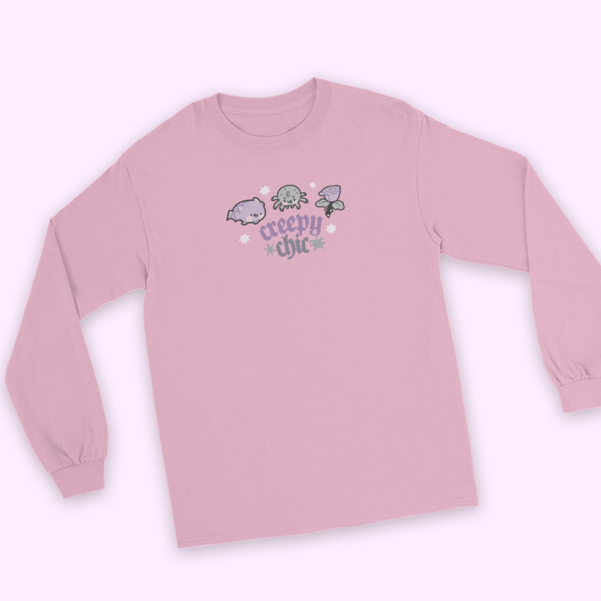 Bartholomew the Bat & Fluffy the Spider Long Sleeve T-Shirt | Creepy Chic Quote | Gothic Purple Rose Halloween Apparel Katnipp character product