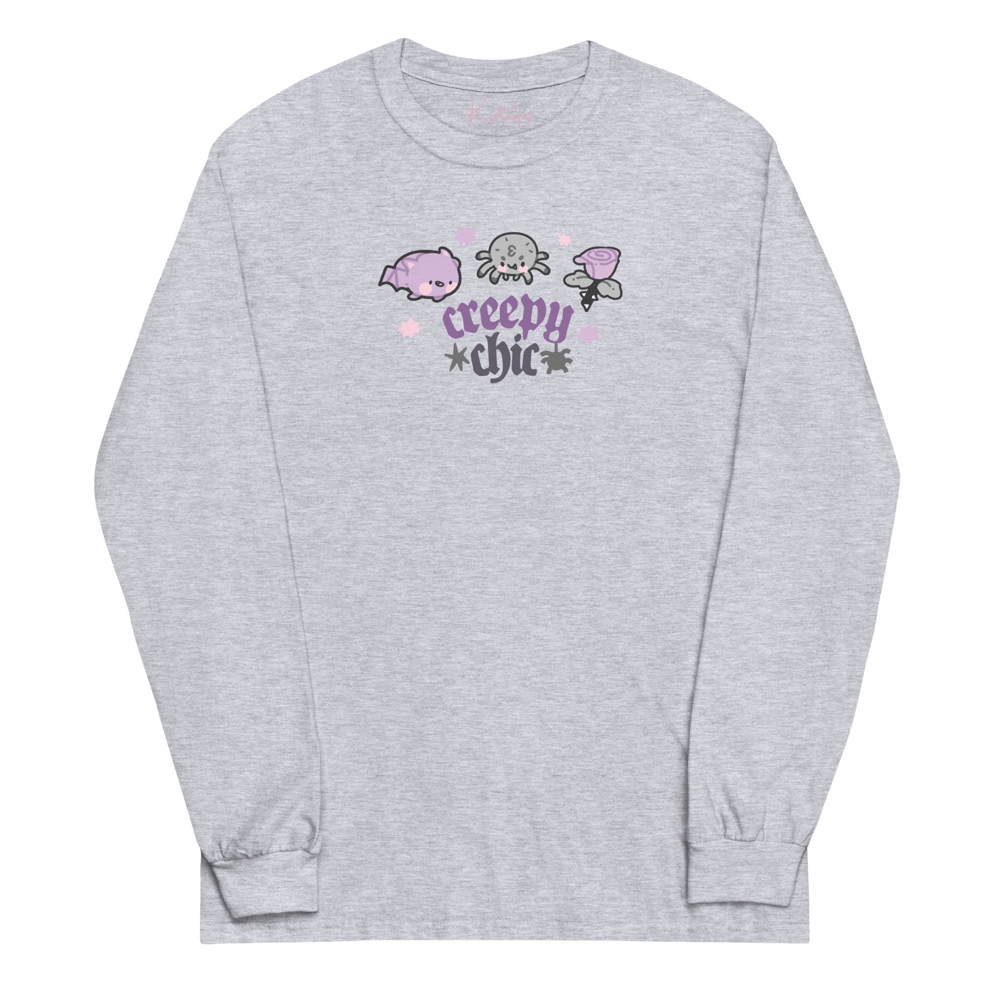 Bartholomew the Bat & Fluffy the Spider Long Sleeve T-Shirt | Creepy Chic Quote | Gothic Purple Rose Halloween Apparel Katnipp character product