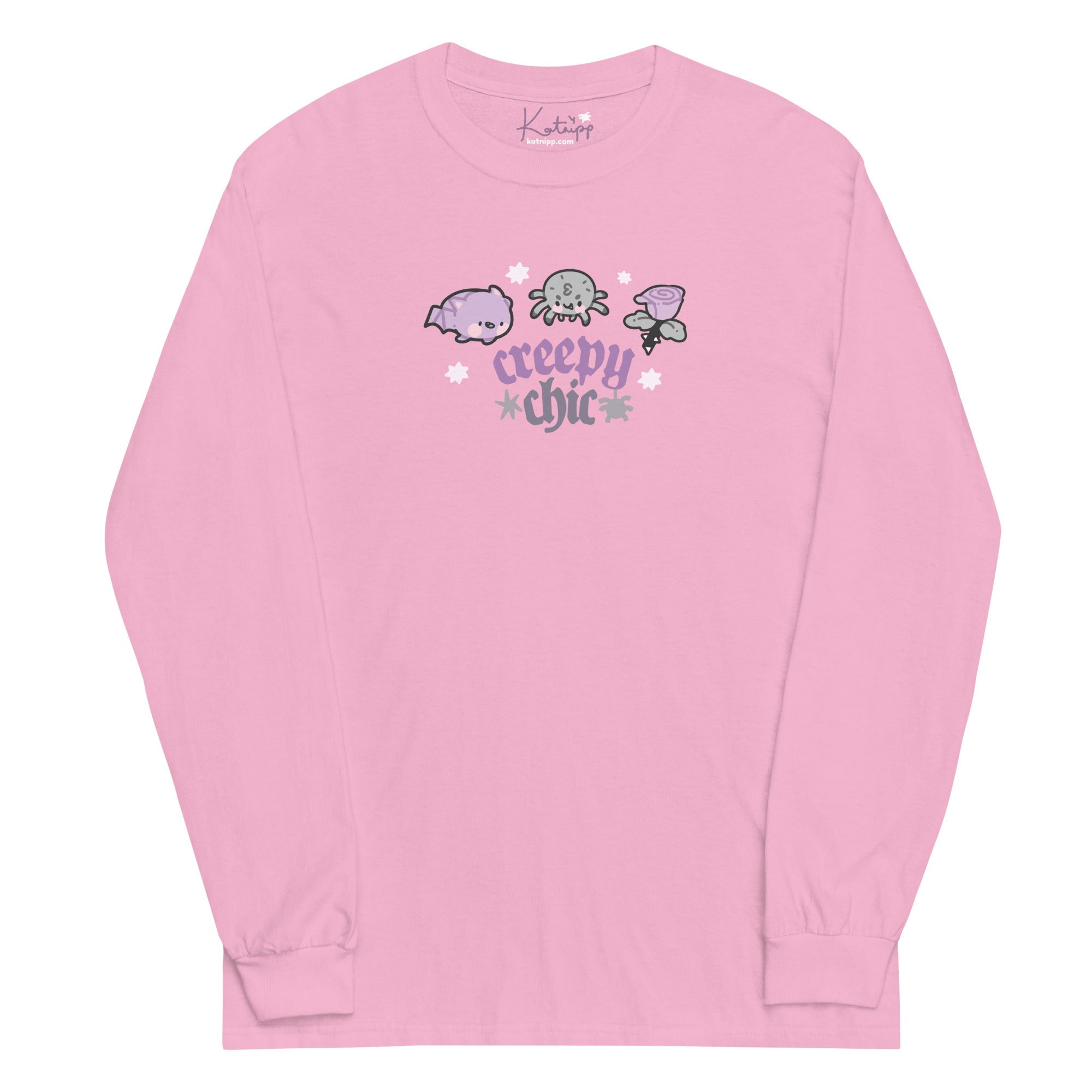 Bartholomew the Bat & Fluffy the Spider Long Sleeve T-Shirt | Creepy Chic Quote | Gothic Purple Rose Halloween Apparel Katnipp character product