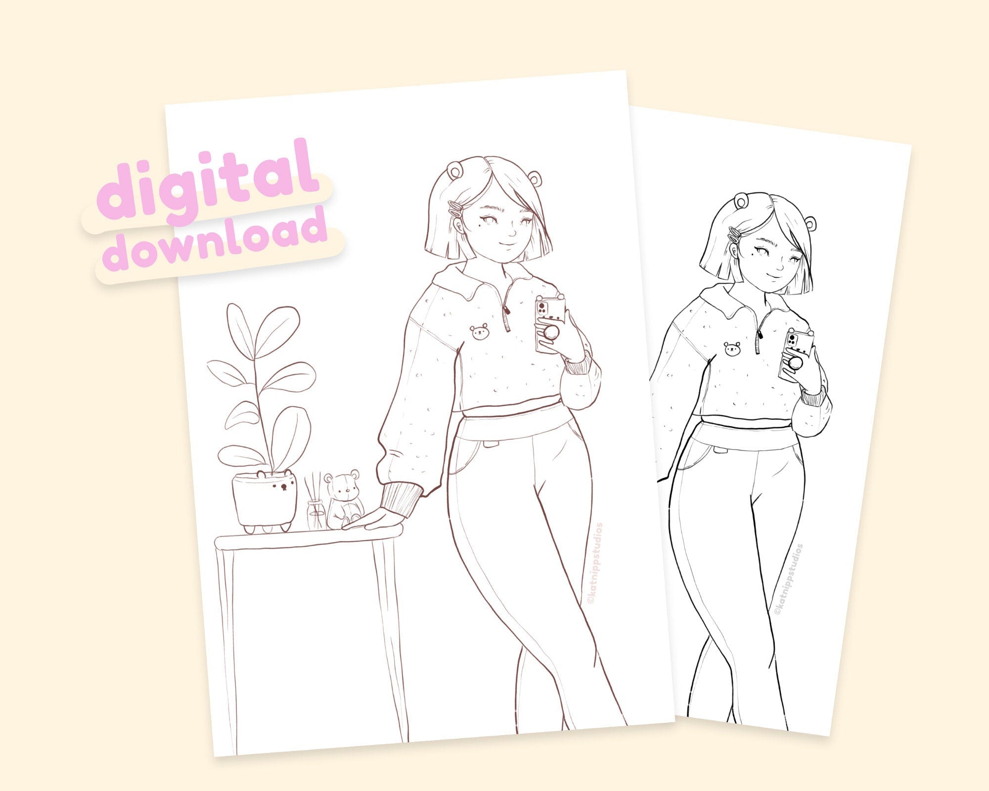 Beary Cute Kawaii Colouring Page | Printable Fashion Girl | Katnipp Colouring Page Katnipp character product