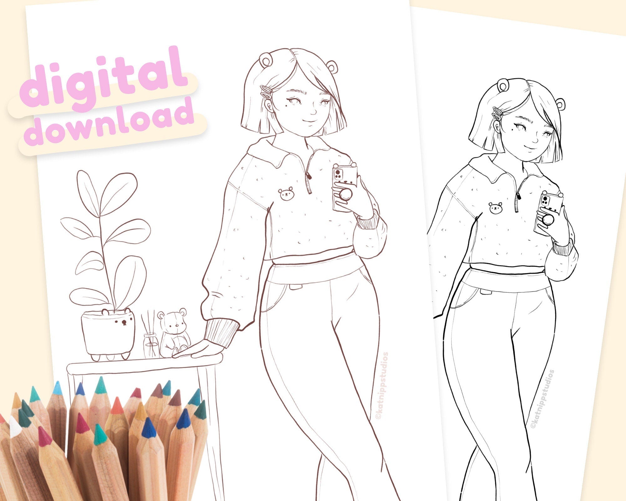 Beary Cute Kawaii Colouring Page | Printable Fashion Girl | Katnipp Colouring Page Katnipp character product