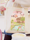 Pink Spring Scene Tote Bag featuring Bumblebutt, the adorable bumble bee character - Eco-friendly and practical. 2