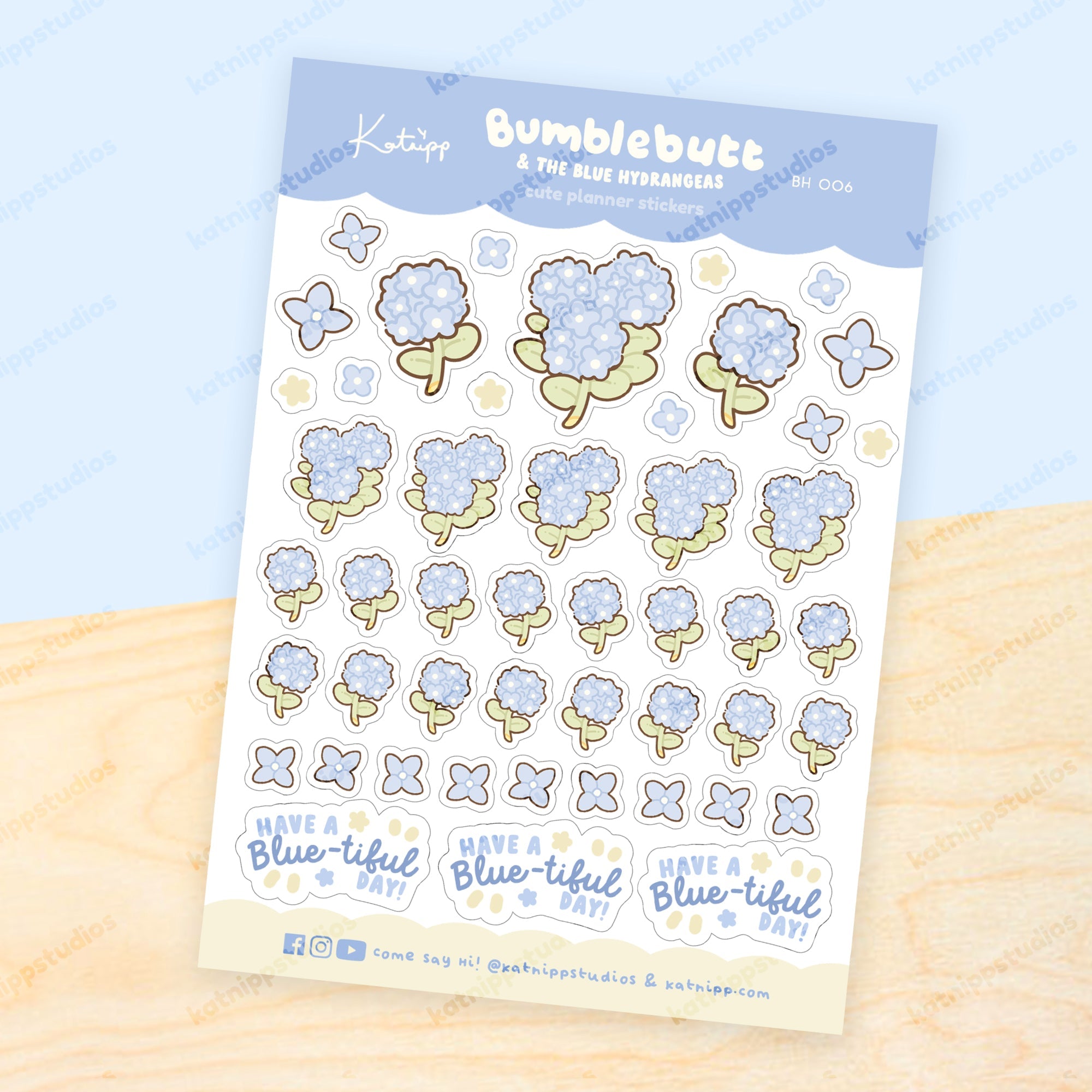 Blue Hydrangea A6 Planner Sticker Sheet | Cute Kawaii Floral Journal Stickers | BH006 Katnipp character product