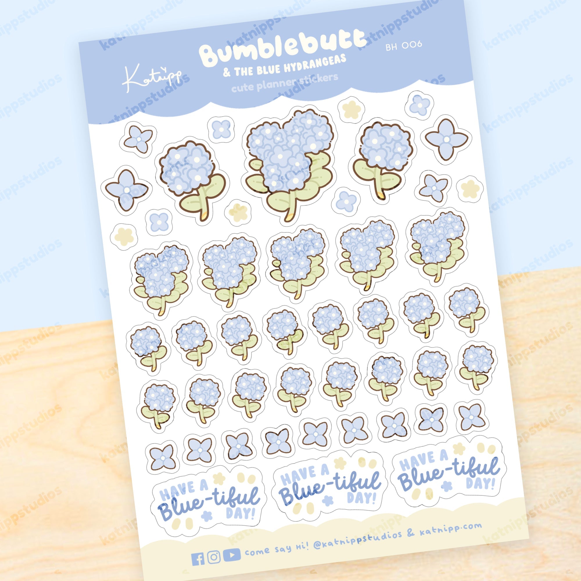 Blue Hydrangea A6 Planner Sticker Sheet | Cute Kawaii Floral Journal Stickers | BH006 Katnipp character product