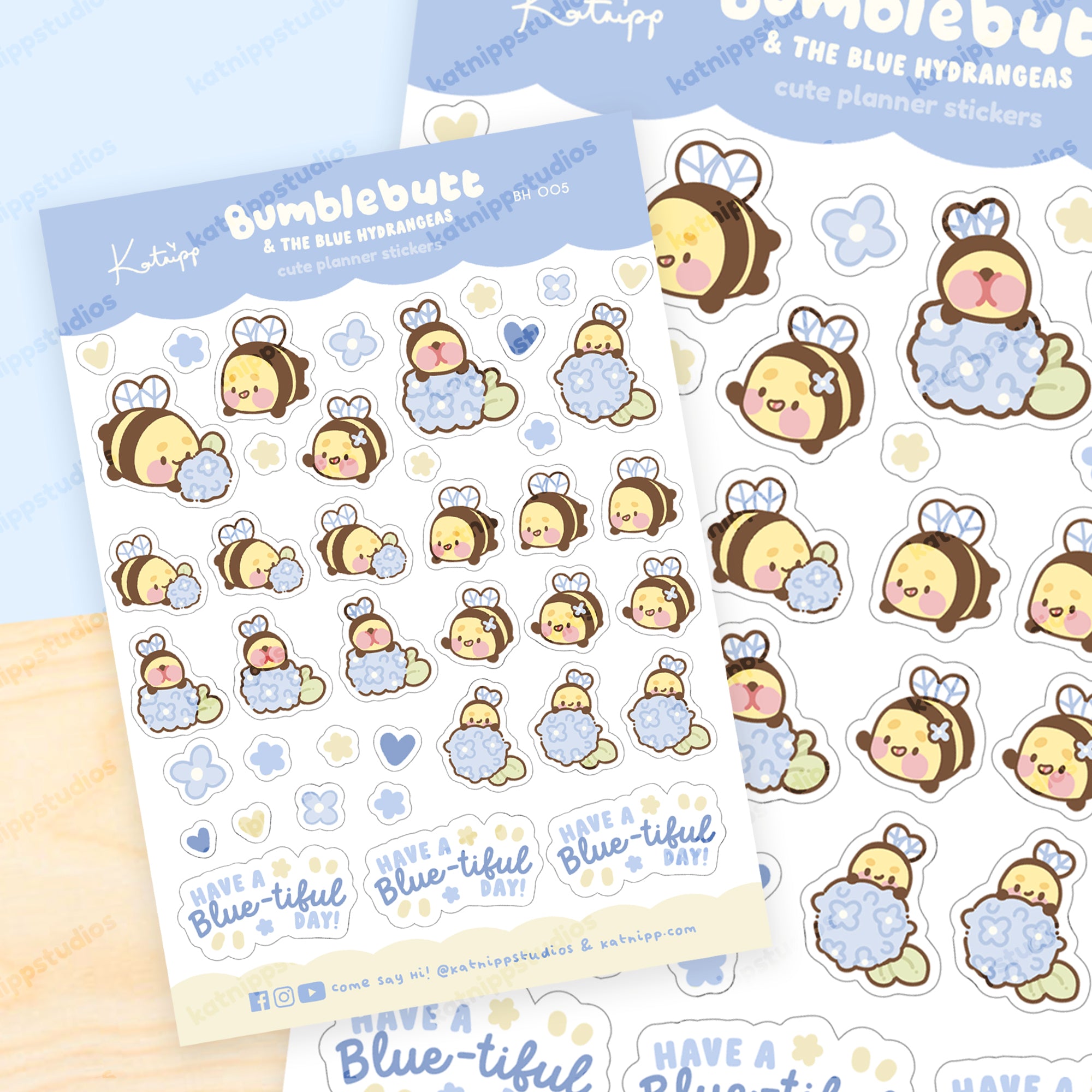 Blue Hydrangea A6 Sticker Sheet – Cute Bumblebee & Flower Design | Kawaii Pastel Decorative Stickers | BH 005 - Katnipp Studios