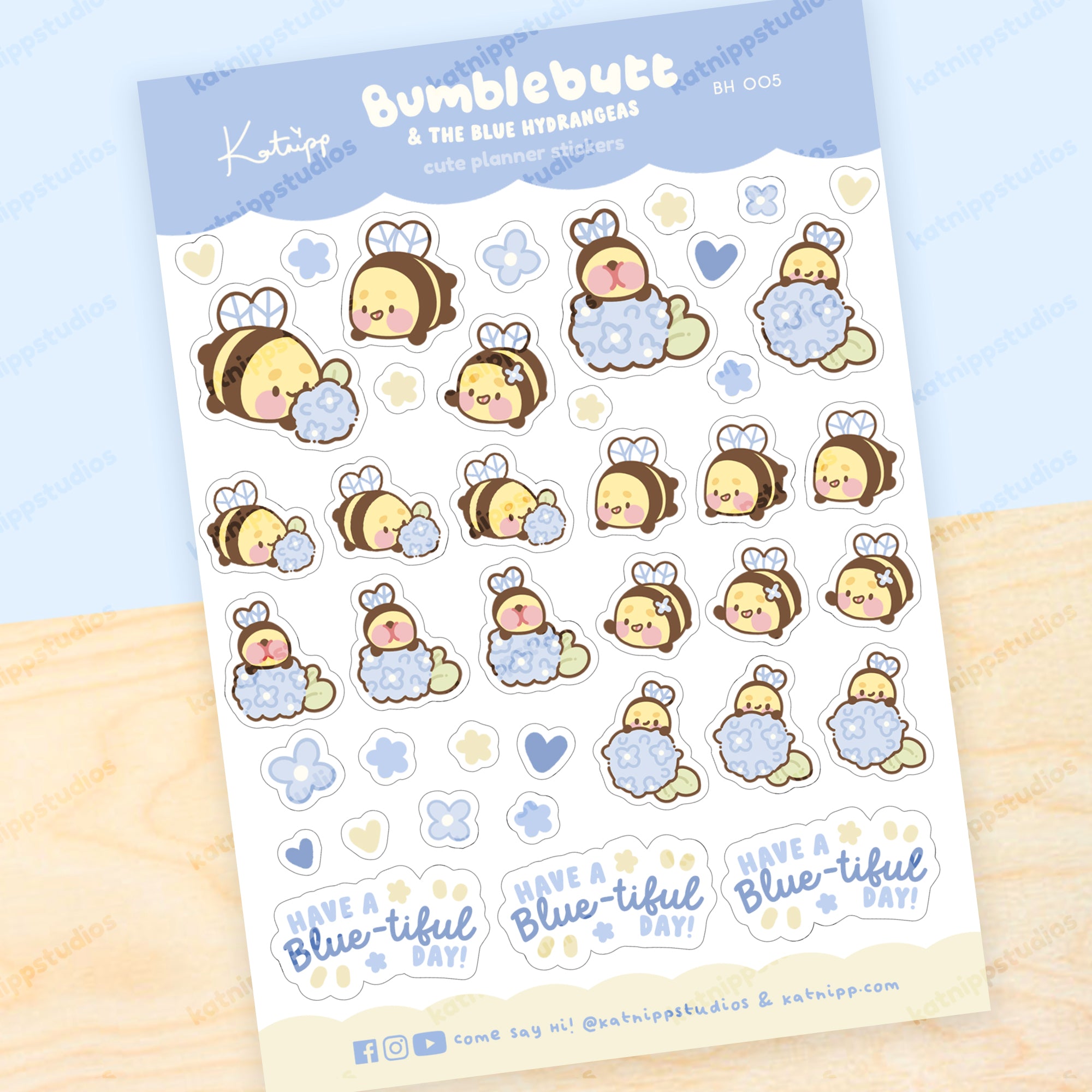 Blue Hydrangea A6 Sticker Sheet – Cute Bumblebee & Flower Design | Kawaii Pastel Decorative Stickers | BH 005 - Katnipp Studios