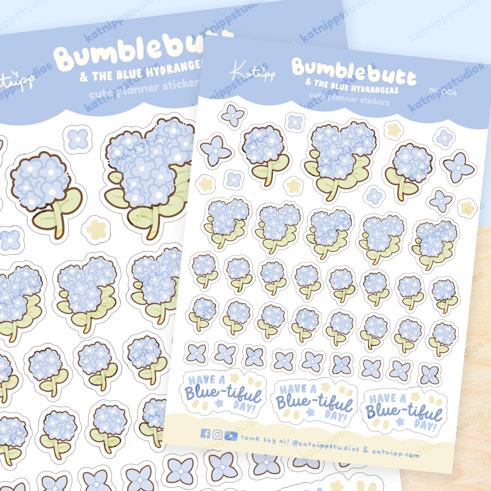 Blue Hydrangea A6 Sticker Sheet – Cute Flower Design | Kawaii Pastel Decorative Stickers | BH 006 - Katnipp Studios