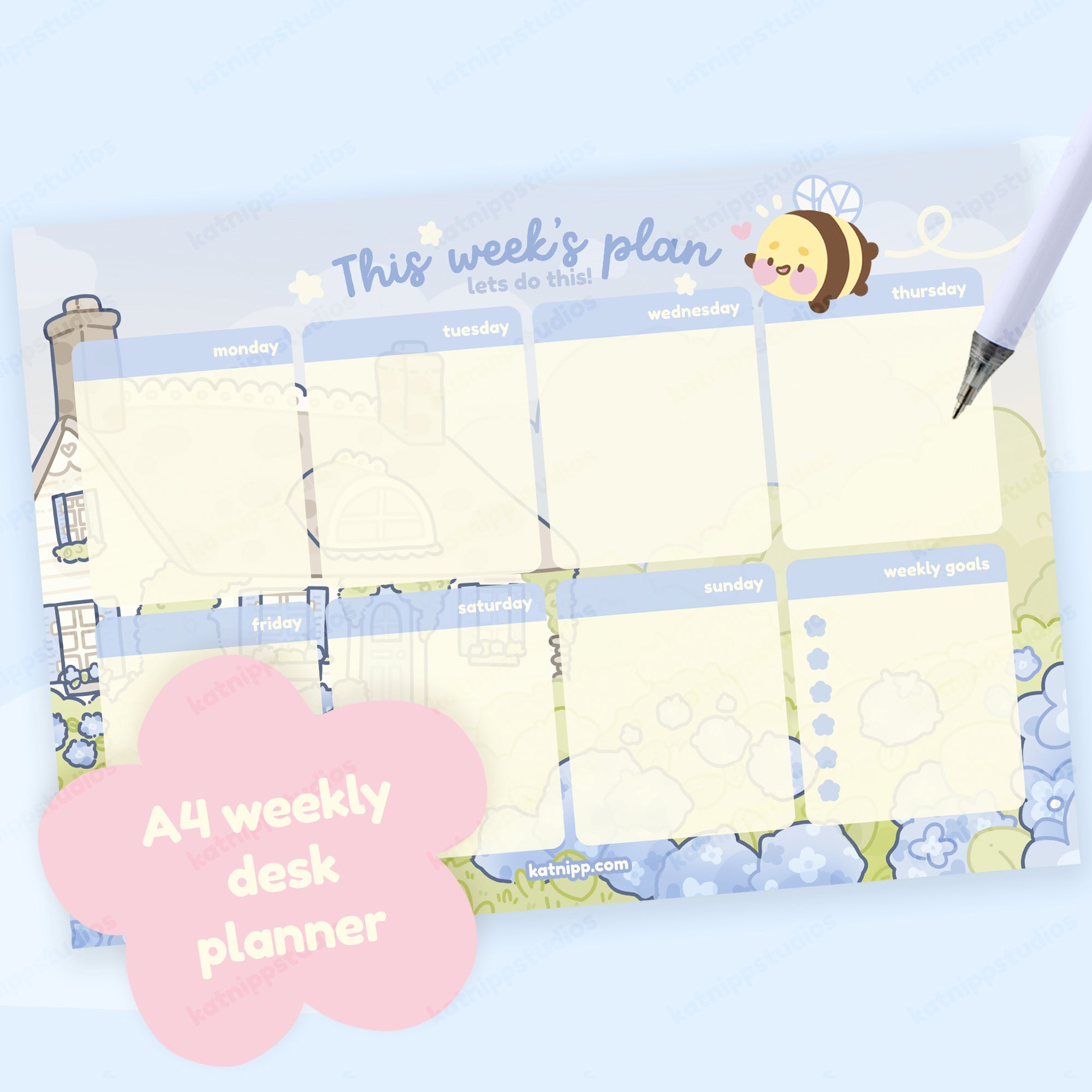 Blue Hydrangea Bumblebutt A4 Weekly Desk Planner | Cute Kawaii Floral Stationery | Organiser - Katnipp Studios