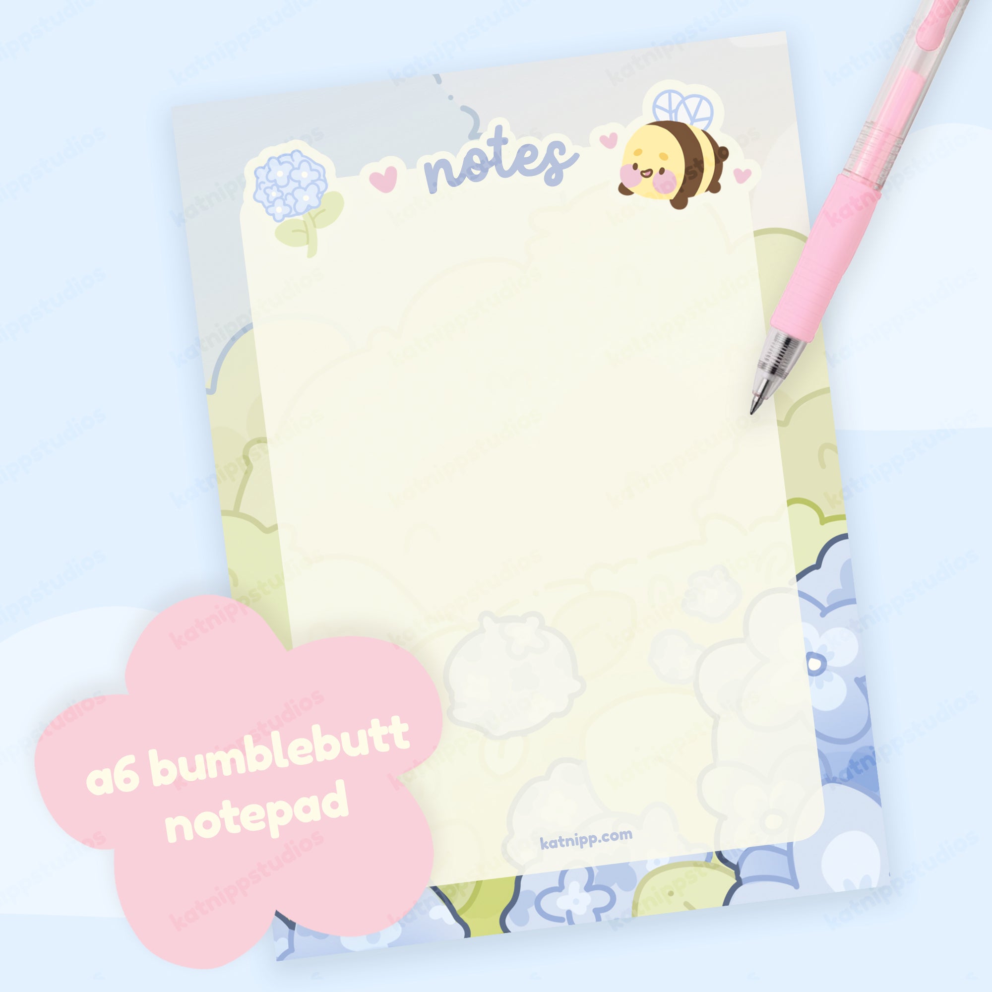 Blue Hydrangea Bumblebutt A6 Notepad | Kawaii Floral Mini Notebook for Notes | Cute Stationery - Katnipp Studios