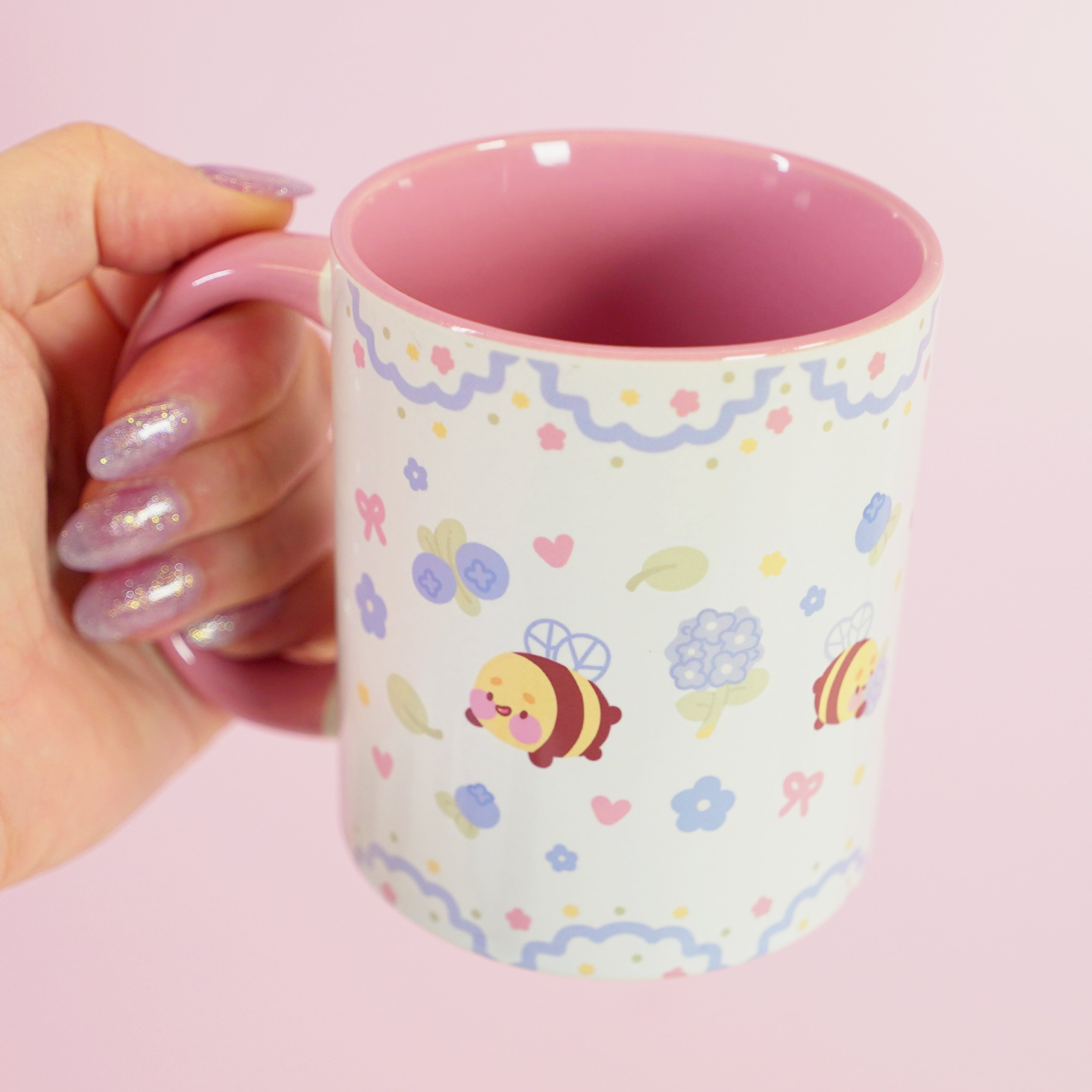 Blue Hydrangea Bumblebutt Ceramic Mug | Kawaii Floral Coffee Cup with Pastel Confetti Border | Cute Bee Design - Katnipp Studios