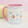 Blue Hydrangea Bumblebutt Ceramic Mug | Kawaii Floral Coffee Cup with Pastel Confetti Border | Cute Bee Design - Katnipp Studios