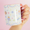 Blue Hydrangea Bumblebutt Ceramic Mug | Kawaii Floral Coffee Cup with Pastel Confetti Border | Cute Bee Design - Katnipp Studios