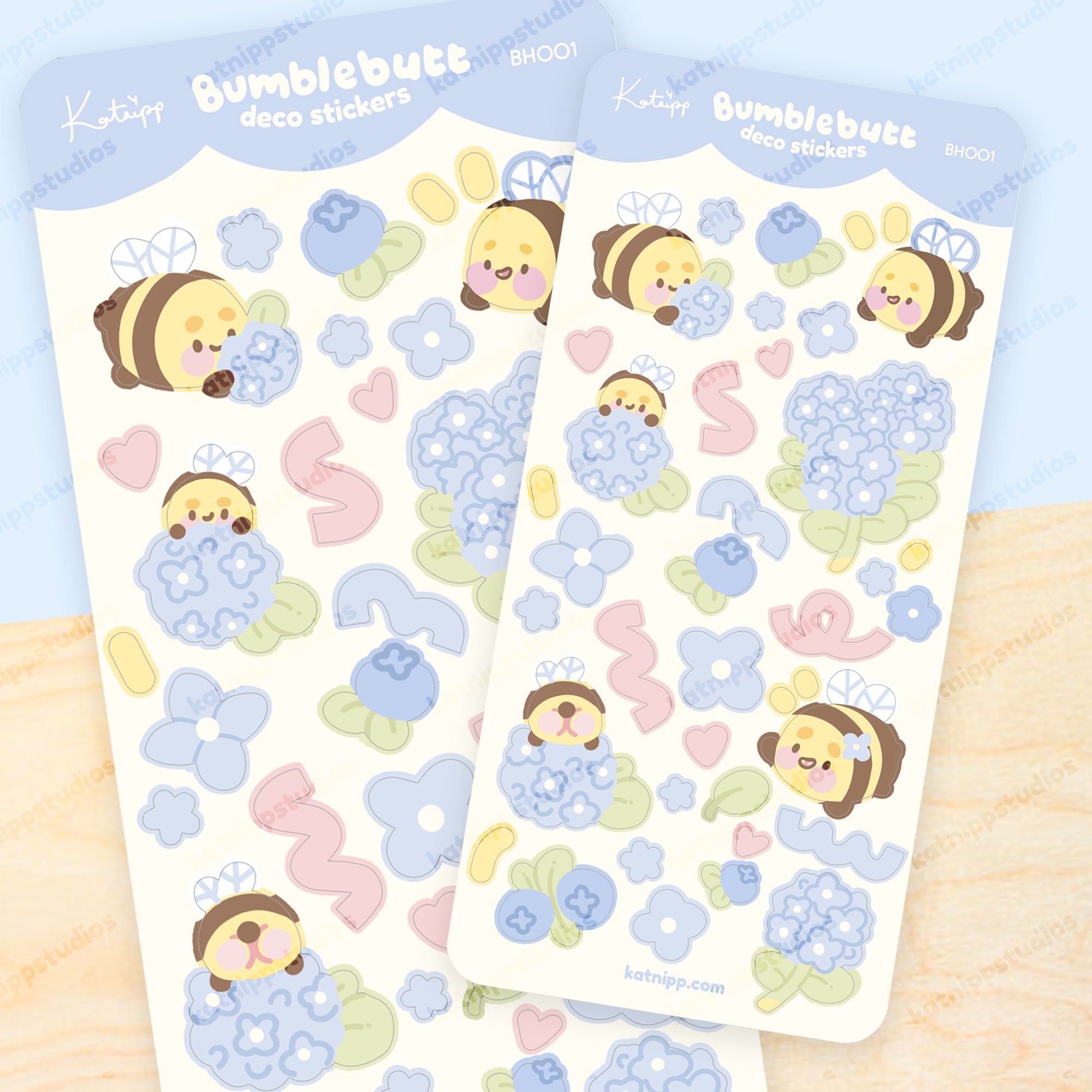 Blue Hydrangea Bumblebutt Polco Deco Sticker Sheet – Kawaii Floral & Bee Stickers | BH001 - Katnipp Studios