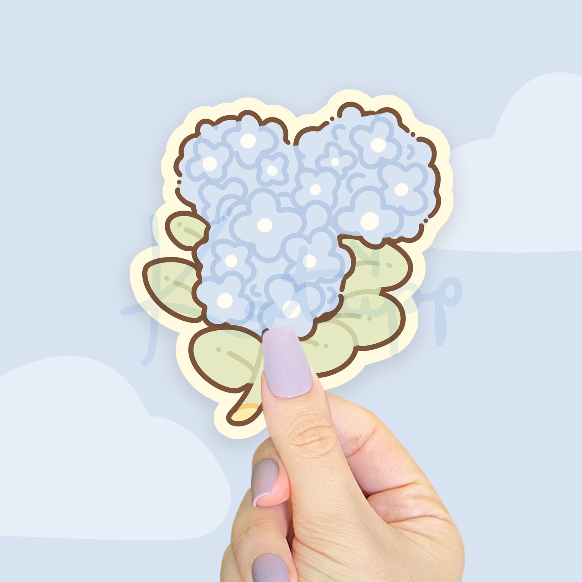 Blue Hydrangea Die Cut Sticker | Kawaii Floral Design | Elegant Blue Flower Sticker for Planners, Laptops, & Water Bottles - Katnipp Studios