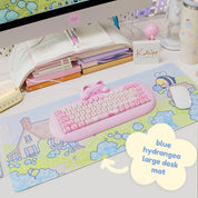 Blue Hydrangea Gaming Desk Pad | Whimsical Bumblebee Mouse Pad | Cottagecore Kawaii Desk Decor - Katnipp Studios
