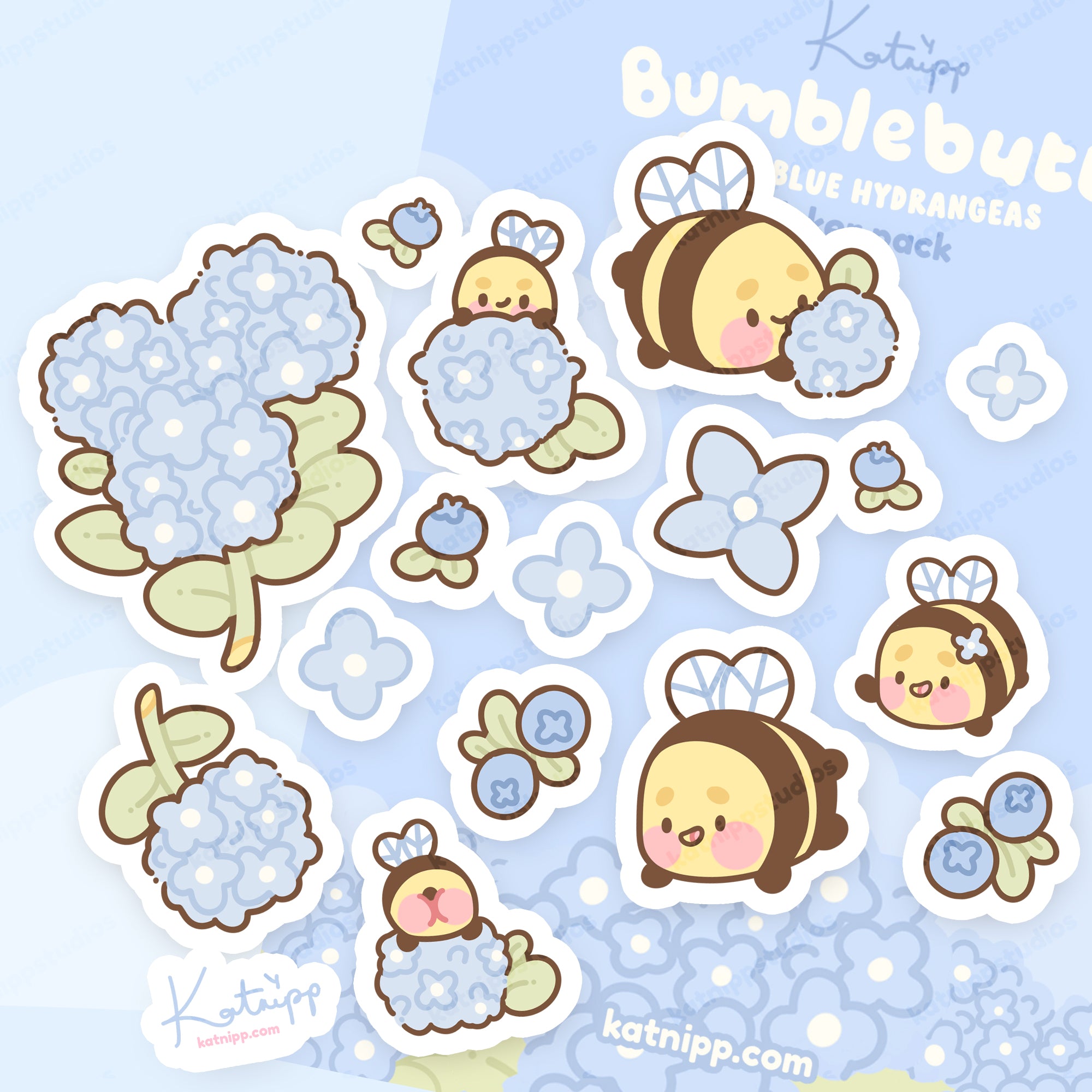 Blue Hydrangea Kawaii Flower & Bumblebee Sticker Pack | Cute Stickers for Planners, Laptops & Scrapbooks | Pastel Botanical Decor - Katnipp Studios