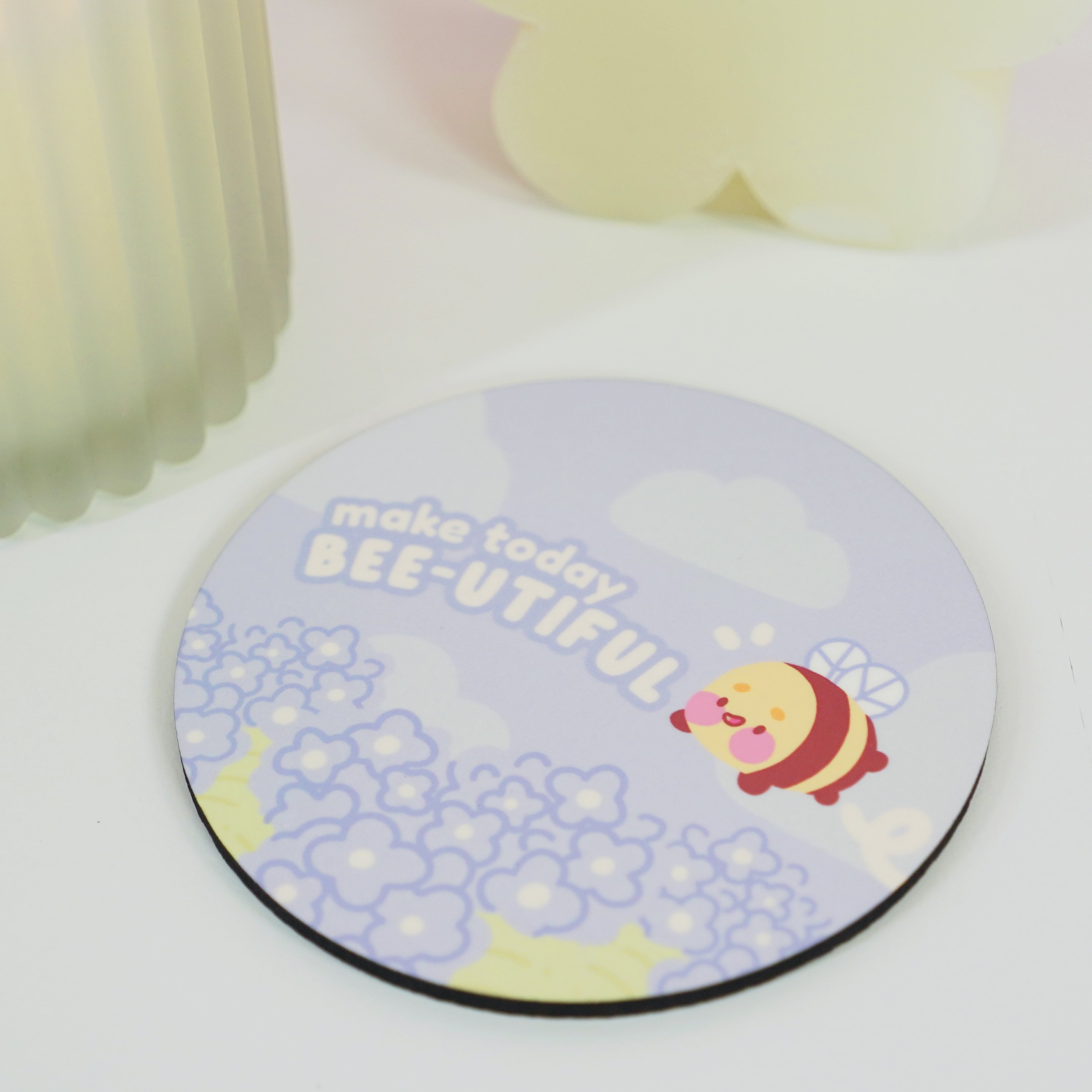 Blue Hydrangea "Make Today Bee-utiful" Coaster – Kawaii Floral Design with Bumblebut - Katnipp Studios