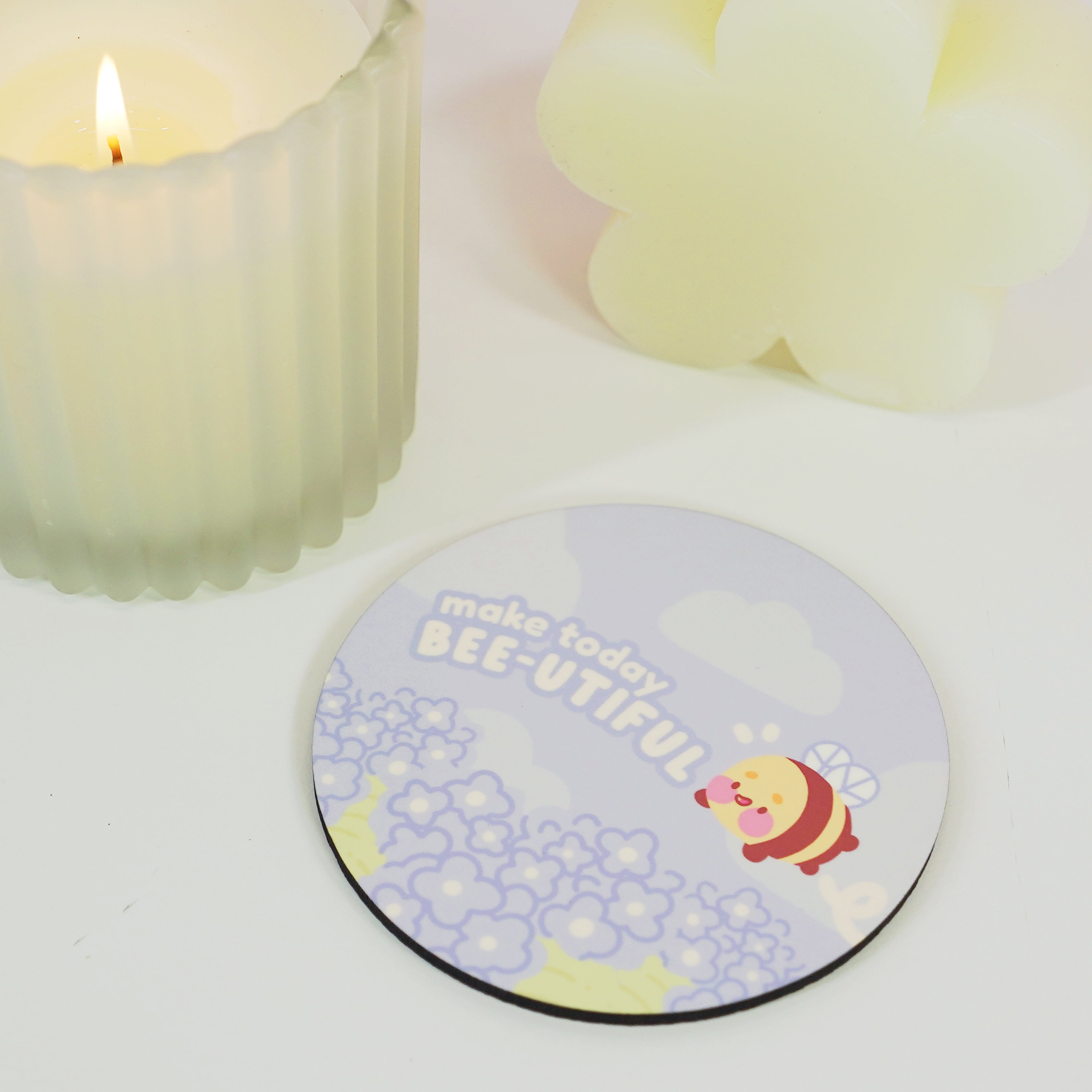 Blue Hydrangea "Make Today Bee-utiful" Coaster – Kawaii Floral Design with Bumblebut - Katnipp Studios