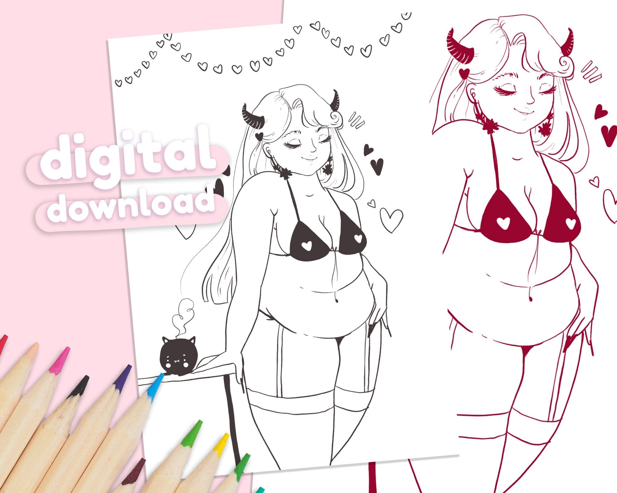 Body Positivity Devil Girl Colouring Page | Feminist Printable | Katnipp Digital Download Katnipp character product