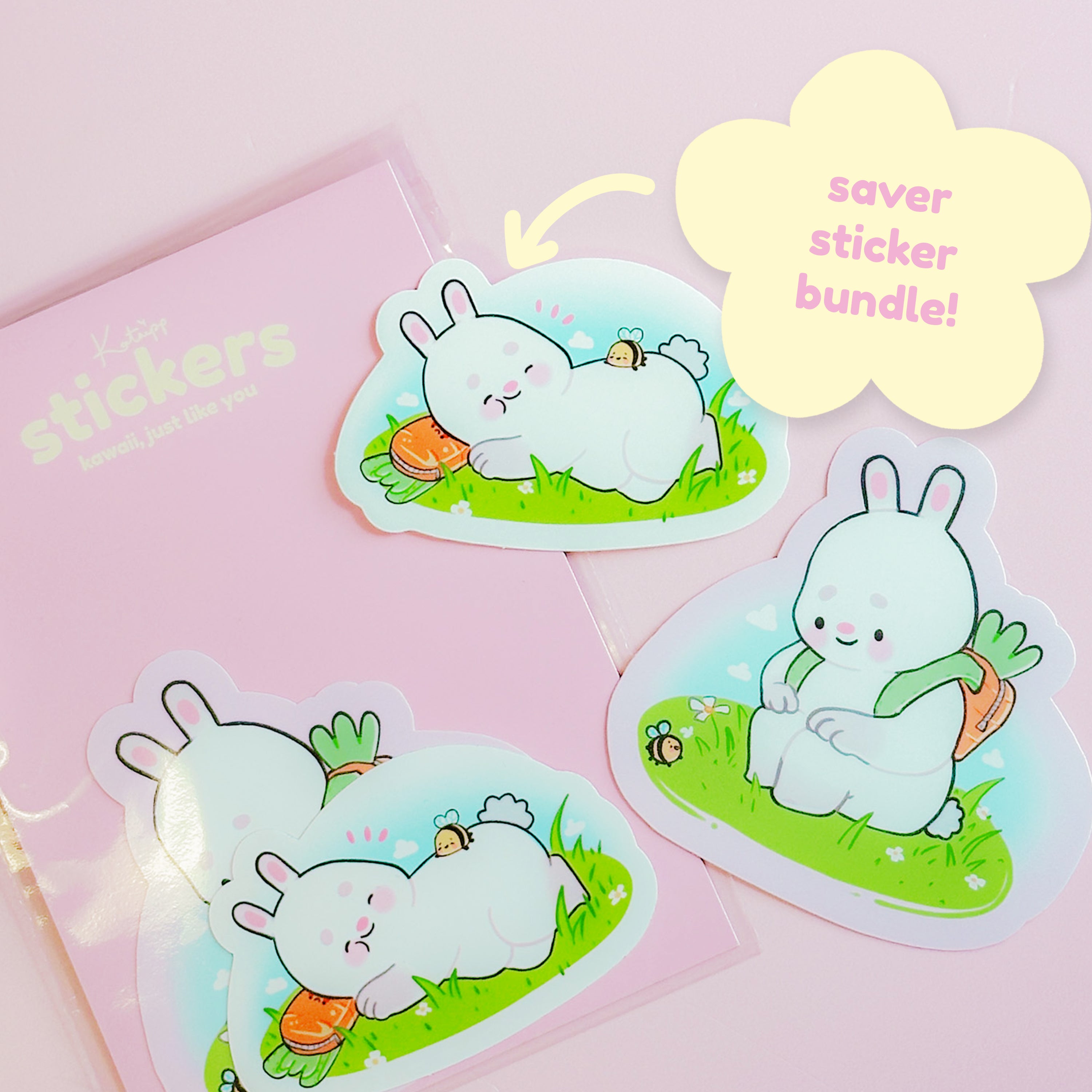 Bonbun & Bumblebutt Die Cut Sticker Bundle | Kawaii Bunny & Bee Spring Stickers | Cute Pastel Decor for Laptops, Planners & Scrapbooks - Katnipp Studios