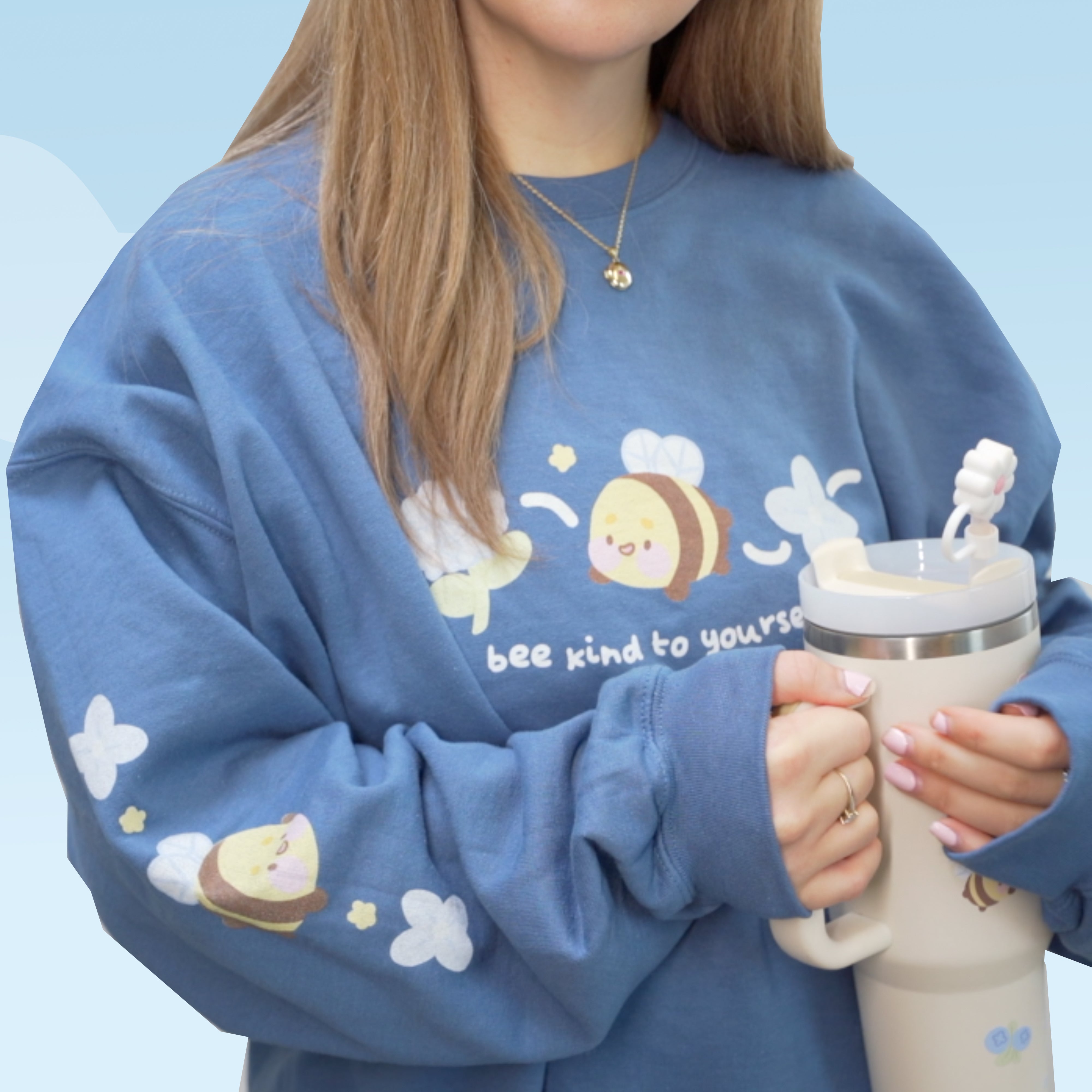 Bumblebutt & Blue Hydrangea Kawaii Bee Sweater | Cozy Floral Sweater with Cute Sleeve Details | "Bee Kind to Yourself" - Katnipp Studios