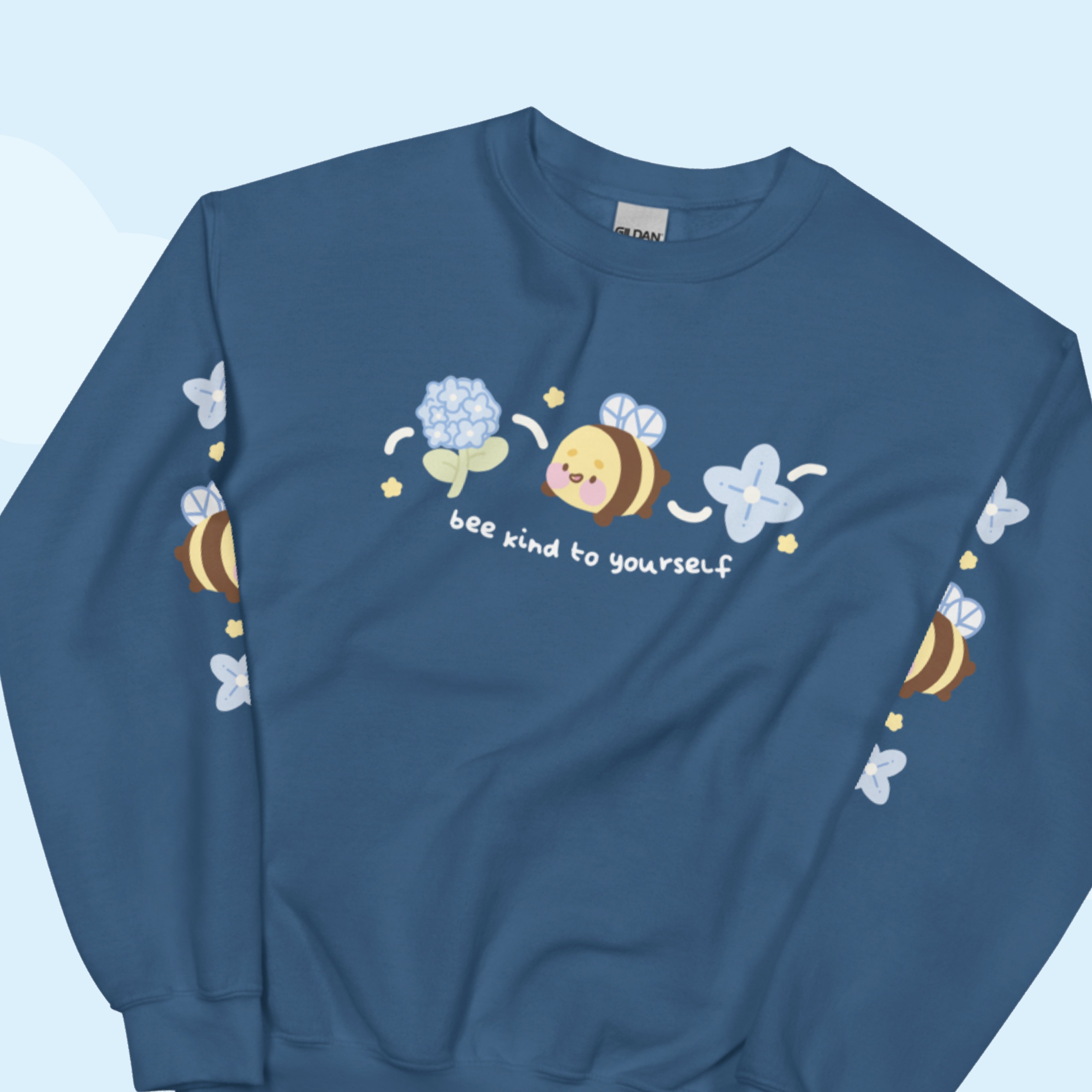 Bumblebutt & Blue Hydrangea Kawaii Bee Sweater | Cozy Floral Sweater with Cute Sleeve Details | "Bee Kind to Yourself" - Katnipp Studios