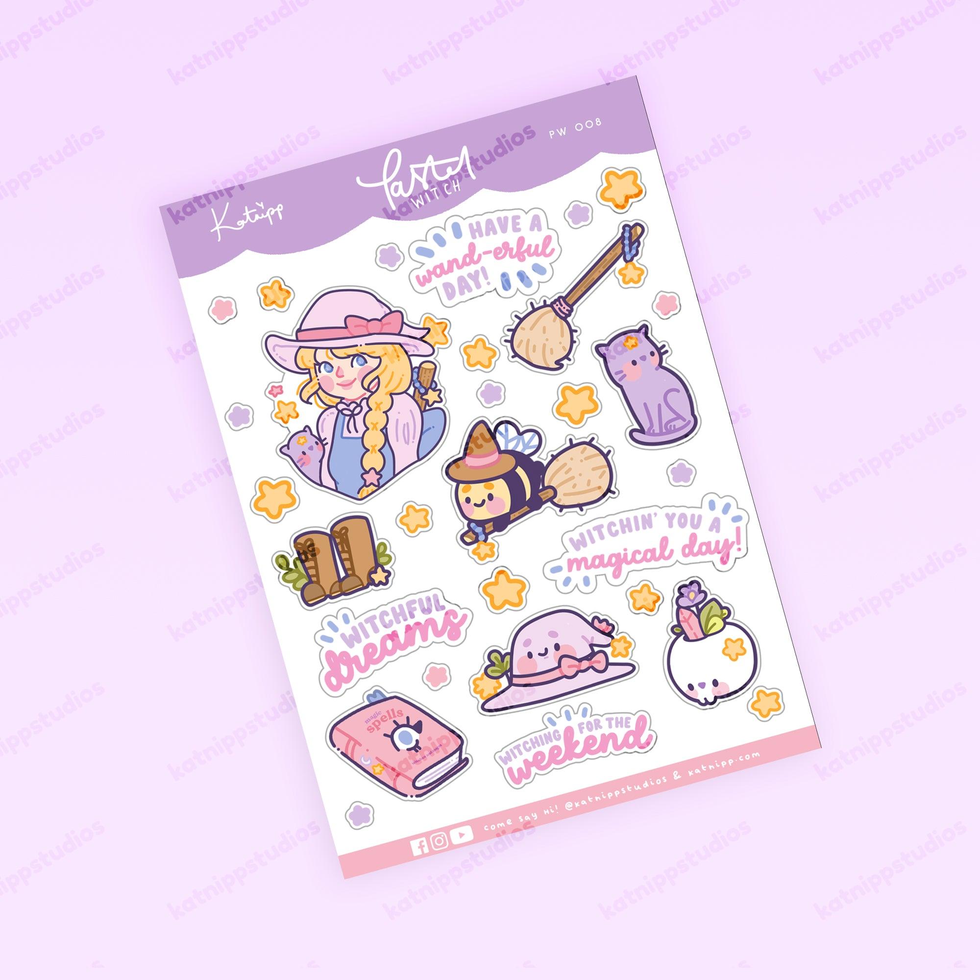 Bumblebutt & Primrose Pastel Witch Kawaii Sticker Sheet | Magical Quotes & Cute Witchy Designs | PW 008 - Katnipp Studios