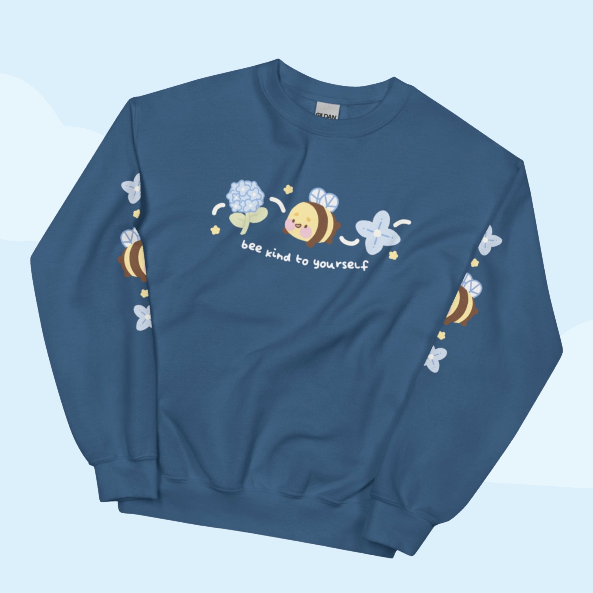 Bumblebutt Bee Sweatshirt | Bee Kind to Yourself Quote | Cute Cozy Blue Hydrangea Kawaii Floral Jumper Katnipp character product