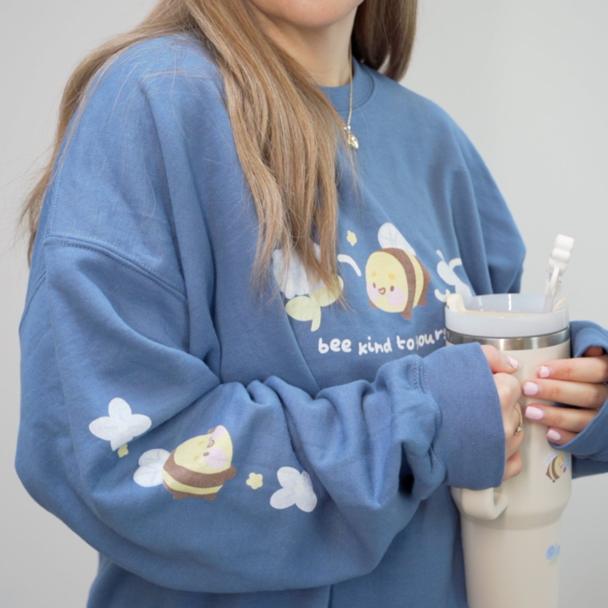 Bumblebutt Bee Sweatshirt | Bee Kind to Yourself Quote | Cute Cozy Blue Hydrangea Kawaii Floral Jumper Katnipp character product