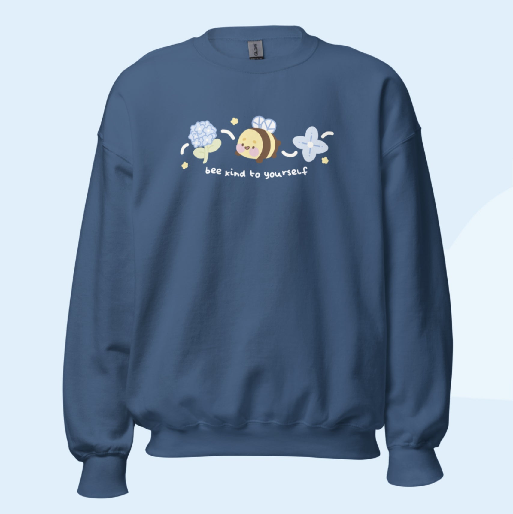 Bumblebutt Bee Sweatshirt | Bee Kind to Yourself Quote | Cute Kawaii Blue Hydrangea Floral Jumper Katnipp character product