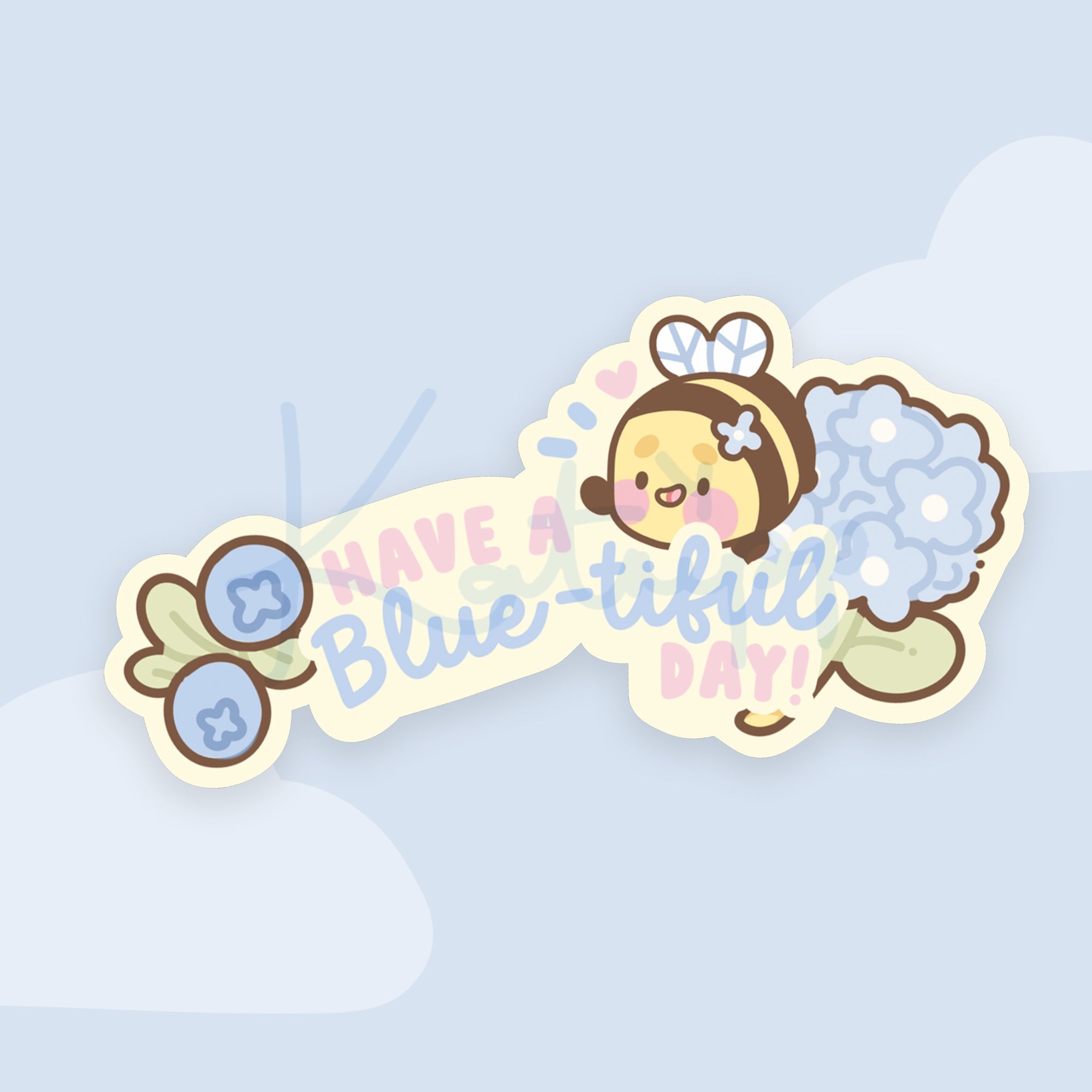 Bumblebutt Blue Hydrangea Die-Cut Vinyl Sticker | "Have a Blue-tiful Day" Cute Kawaii Bee Sticker Katnipp character product
