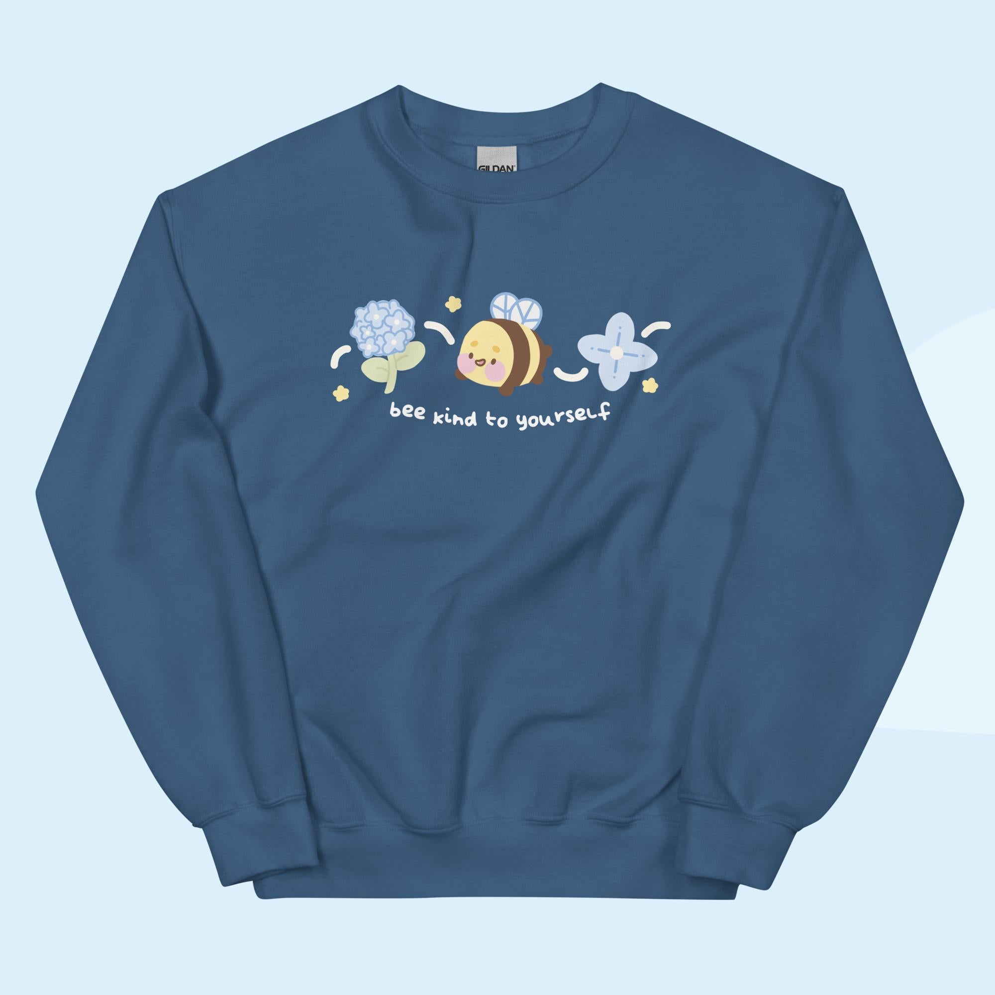 Bumblebutt Blue Hydrangea Kawaii Bee Sweater | Cute Floral Sweatshirt Design | "Bee Kind to Yourself" - Katnipp Studios