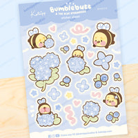 Bumblebutt &amp; Blue Hydrangeas A5 Vinyl Sticker Sheet | Cute Kawaii Bee &amp; Floral Water Bottle Stickers | BH003