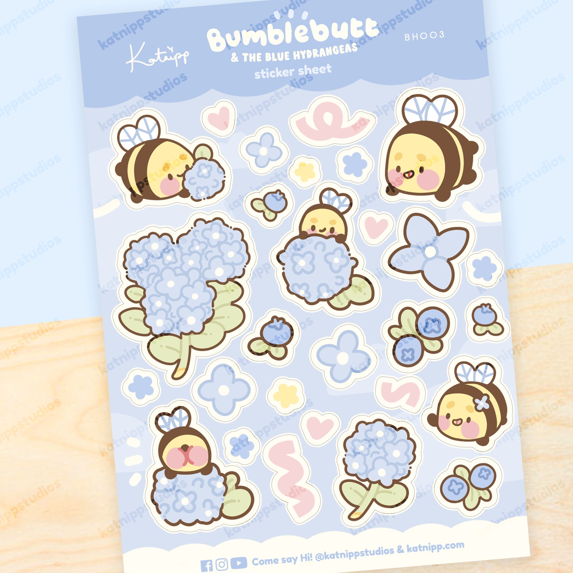 Bumblebutt & Blue Hydrangeas A5 Vinyl Sticker Sheet | Cute Kawaii Bee & Floral Water Bottle Stickers | BH003 Katnipp character product