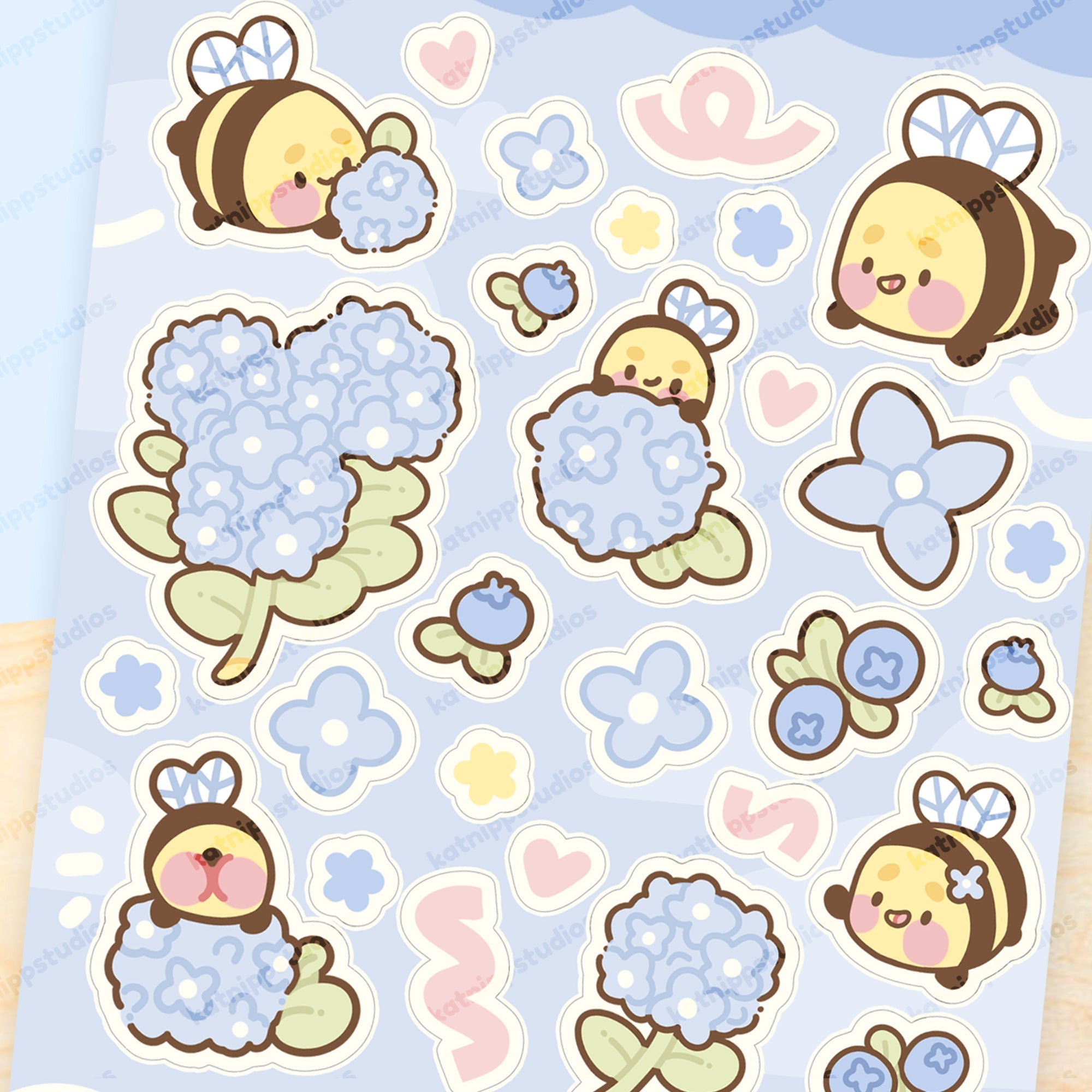Bumblebutt & Blue Hydrangeas A5 Vinyl Sticker Sheet | Cute Kawaii Bee & Floral Water Bottle Stickers | BH003 Katnipp character product