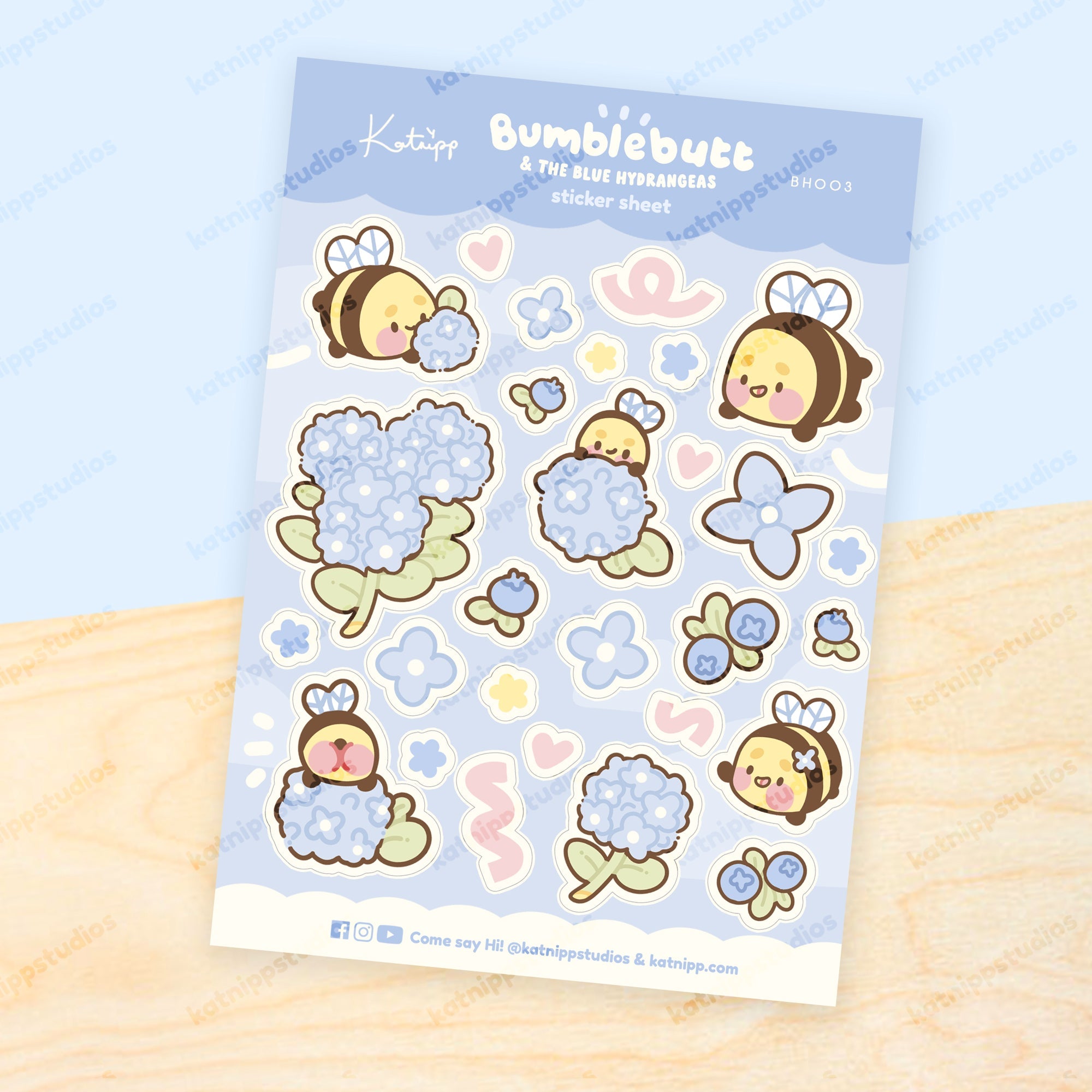Bumblebutt & Blue Hydrangeas A5 Vinyl Sticker Sheet | Cute Kawaii Bee & Floral Water Bottle Stickers | BH003 Katnipp character product