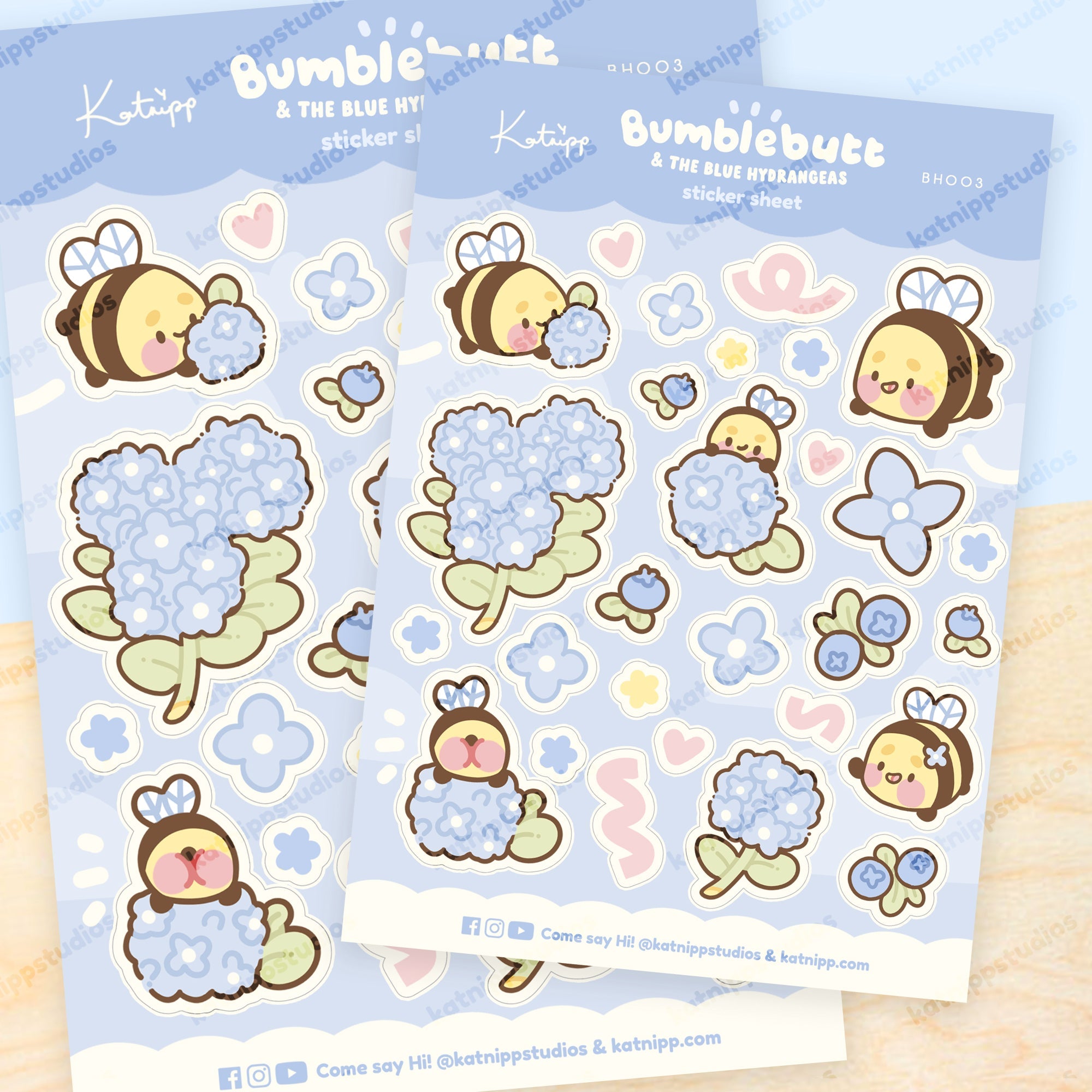 Bumblebutt & Blue Hydrangeas A5 Vinyl Sticker Sheet | Cute Kawaii Bee & Floral Water Bottle Stickers | BH003 Katnipp character product