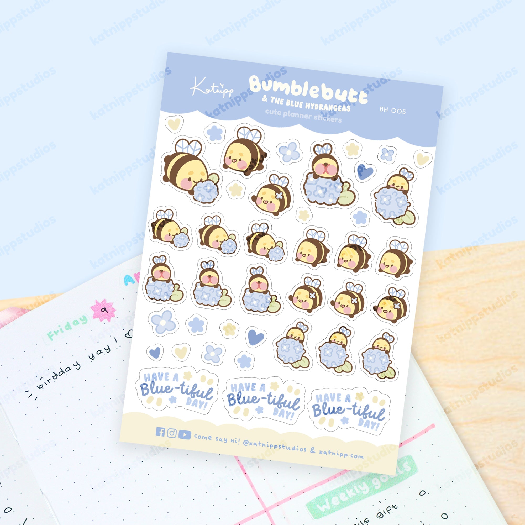 Bumblebutt & Blue Hydrangeas A6 Planner Sticker Sheet | Cute Kawaii Bee Journal Stickers | BH005 Katnipp character product