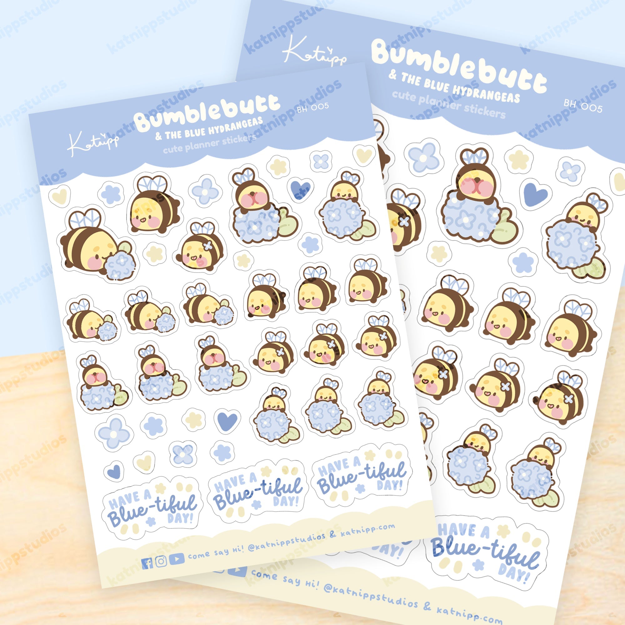 Bumblebutt & Blue Hydrangeas A6 Planner Sticker Sheet | Cute Kawaii Bee Journal Stickers | BH005 Katnipp character product