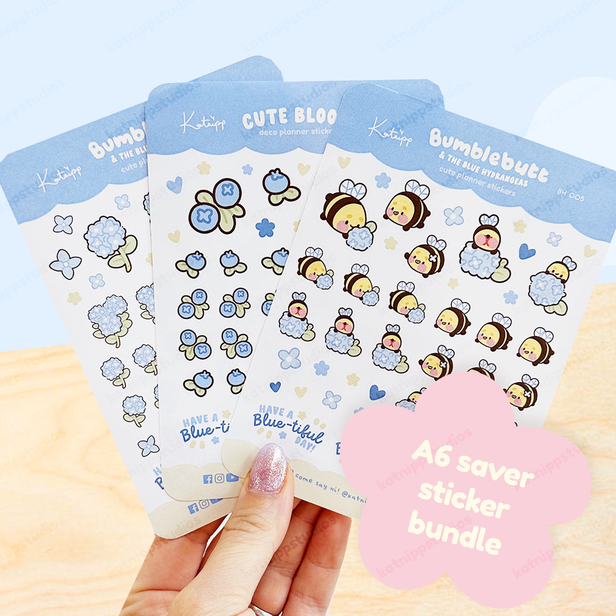 Bumblebutt & Blue Hydrangeas A6 Sticker Bundle | Cute Kawaii Planner & Journal Sticker Sheets Katnipp character product